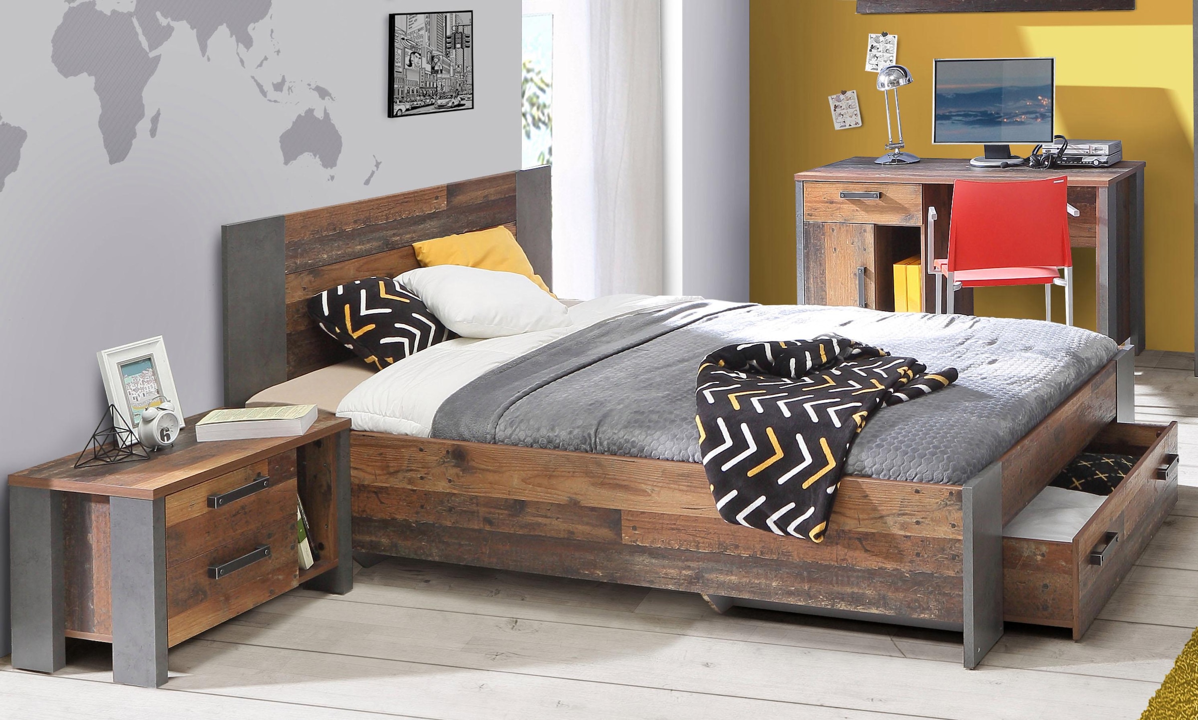 FORTE Bett »Clif, Jugendbett, Belastbarkeit 120 KG, Schubkasten optional« Liegefläche 140cmx200cm,  Industrial Design
