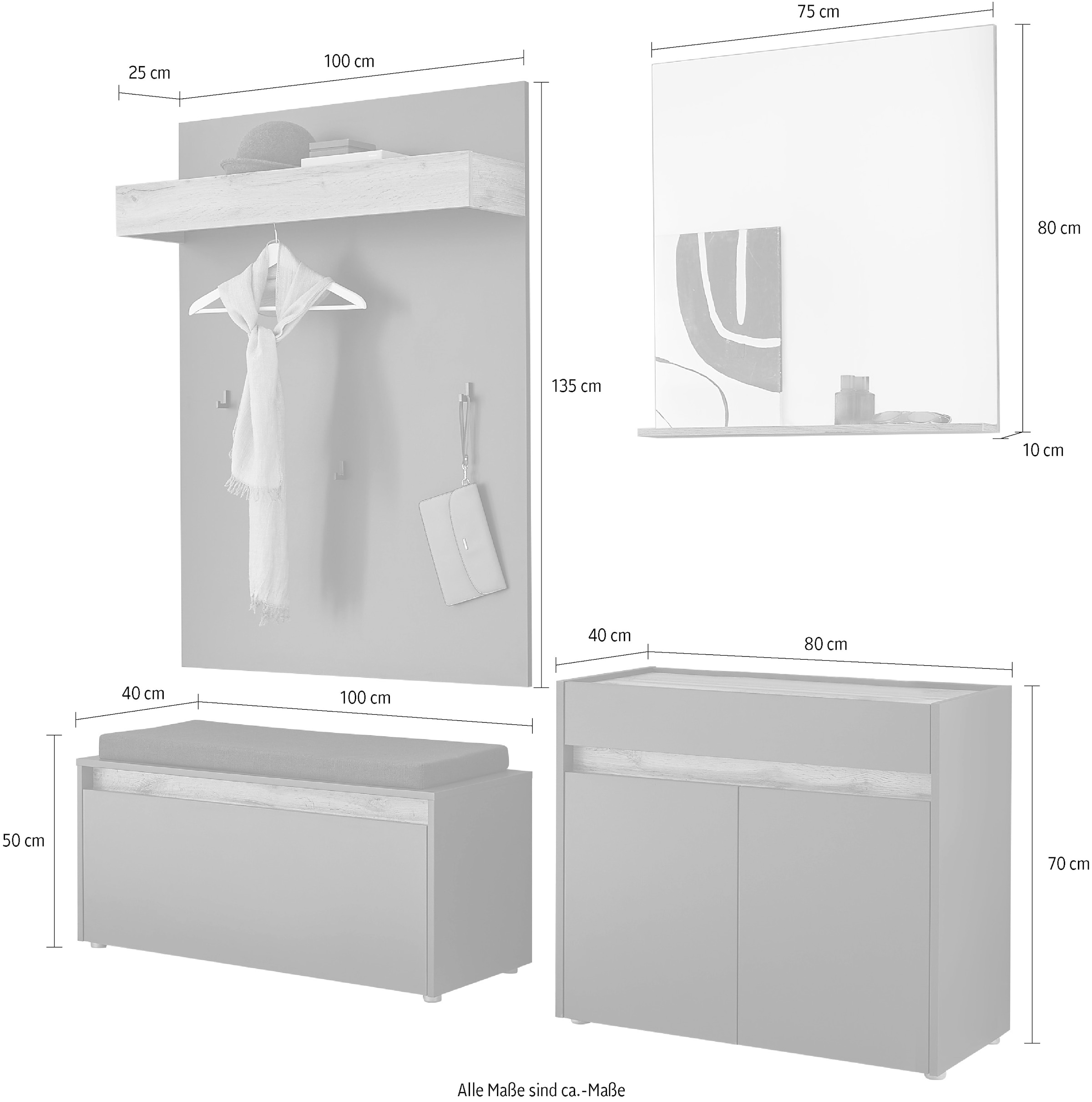 INOSIGN Garderoben-Set »GIRON/ CiTY, Garderobe in Wotan Eiche, moderner Garderobenschrank«, (Komplett-Set, 4 St.), enthält Kommode, Spiegel, Paneel & Schuhbank +Sitzkissen, 190 cm breit
