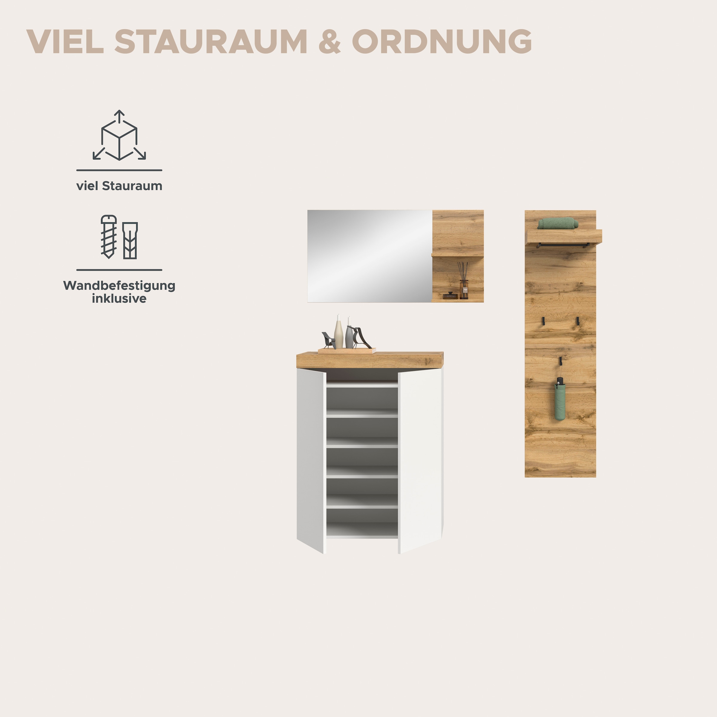 GOODproduct Garderoben-Set »MAMBO, 3-teilige Kombination, stehend & hängend montierbar« bestehend aus: Kommode, Spiegel, Garderobenpaneel, 3 Stk. tlg.