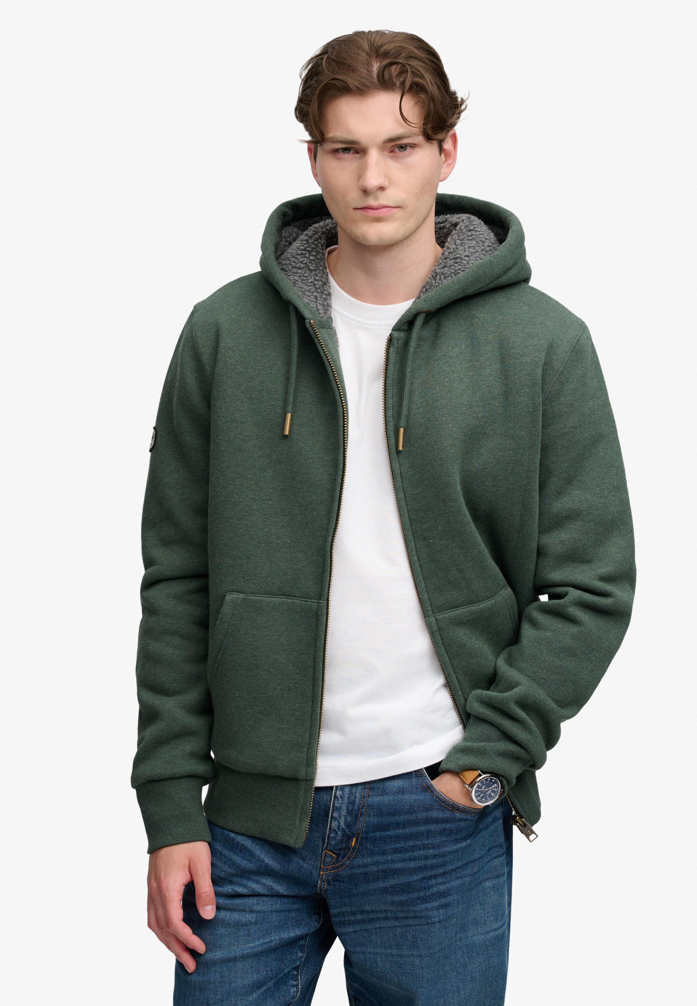 Image of Superdry Kapuzensweatjacke "BORG LINED ZIPHOOD" Baumwollmischung, slim fit