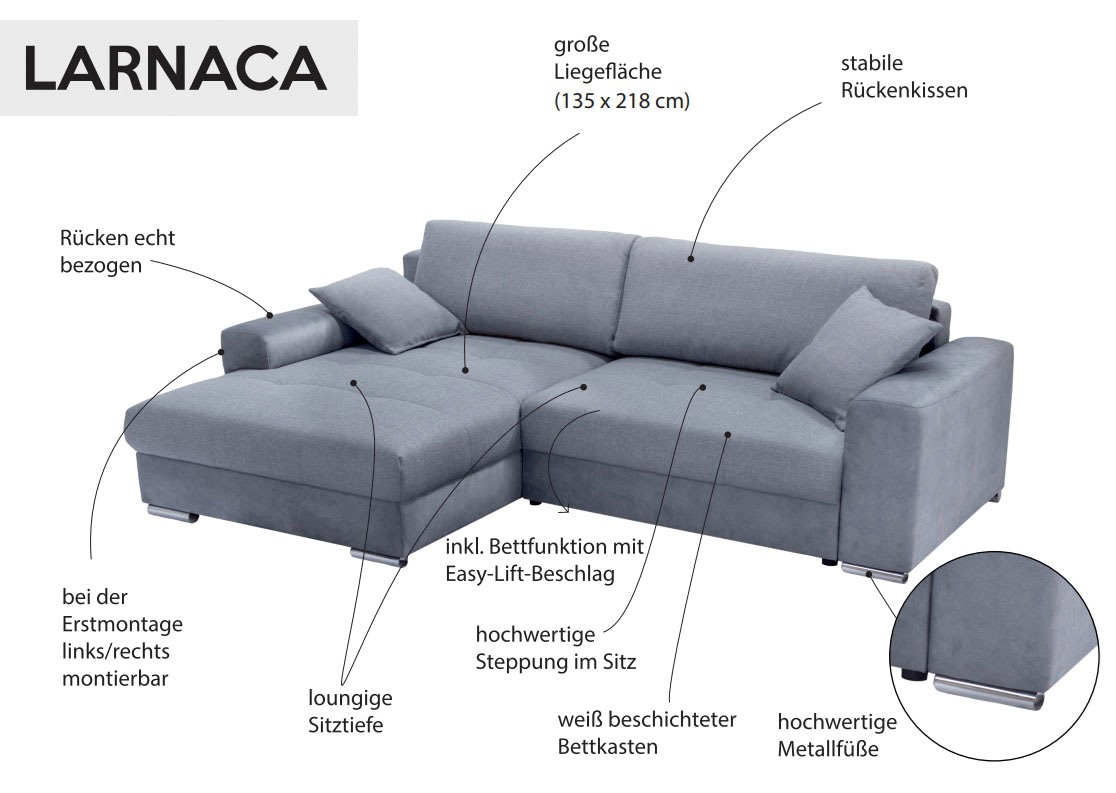 exxpo - sofa fashion Ecksofa »Larnaca, inkl. Bettfunktion und Bettkasten, bequem und komfortabel,«, mit extrabreiten Rückenkissen und 2 Zierkissen