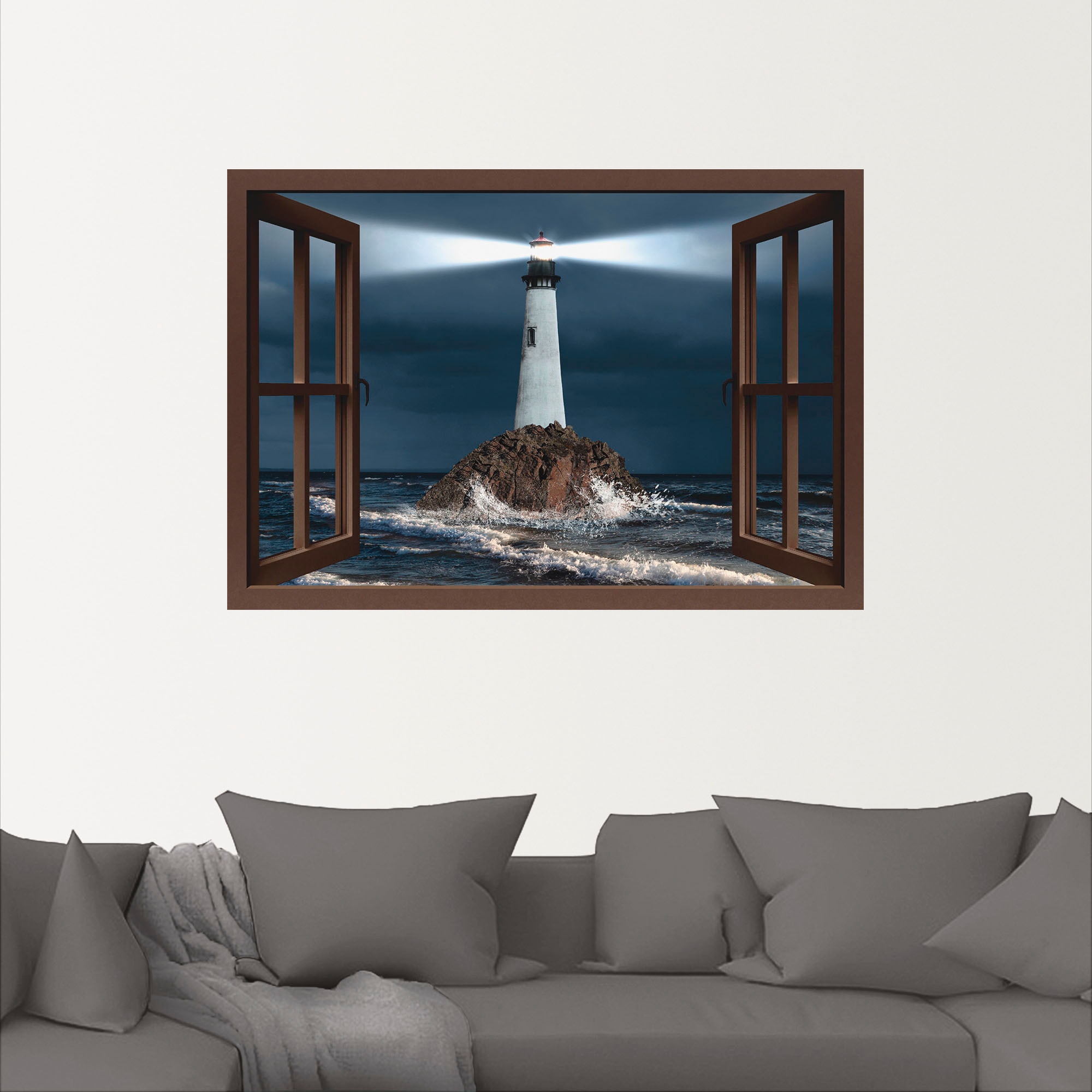 Artland Wandbild »Fensterblick Leuchtturm mit Lichtstrahl«, Gebäude, (1 St.), als Leinwandbild, Wandaufkleber in verschied. Grössen