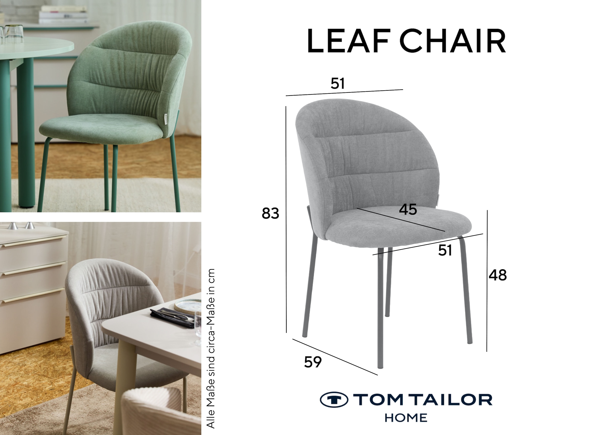 TOM TAILOR HOME Chaise à 4 pieds »LEAF CHAIR« (Set) 2 cuis4-Fussgestell, Raffung in der Rückenlehne