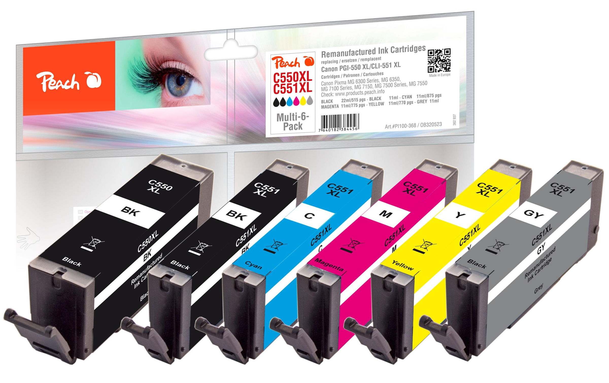 Image of Peach Tintenpatrone "Canon 550XL/551XL, PEA, Multi-6-Pack BK, C, M, Y, G"