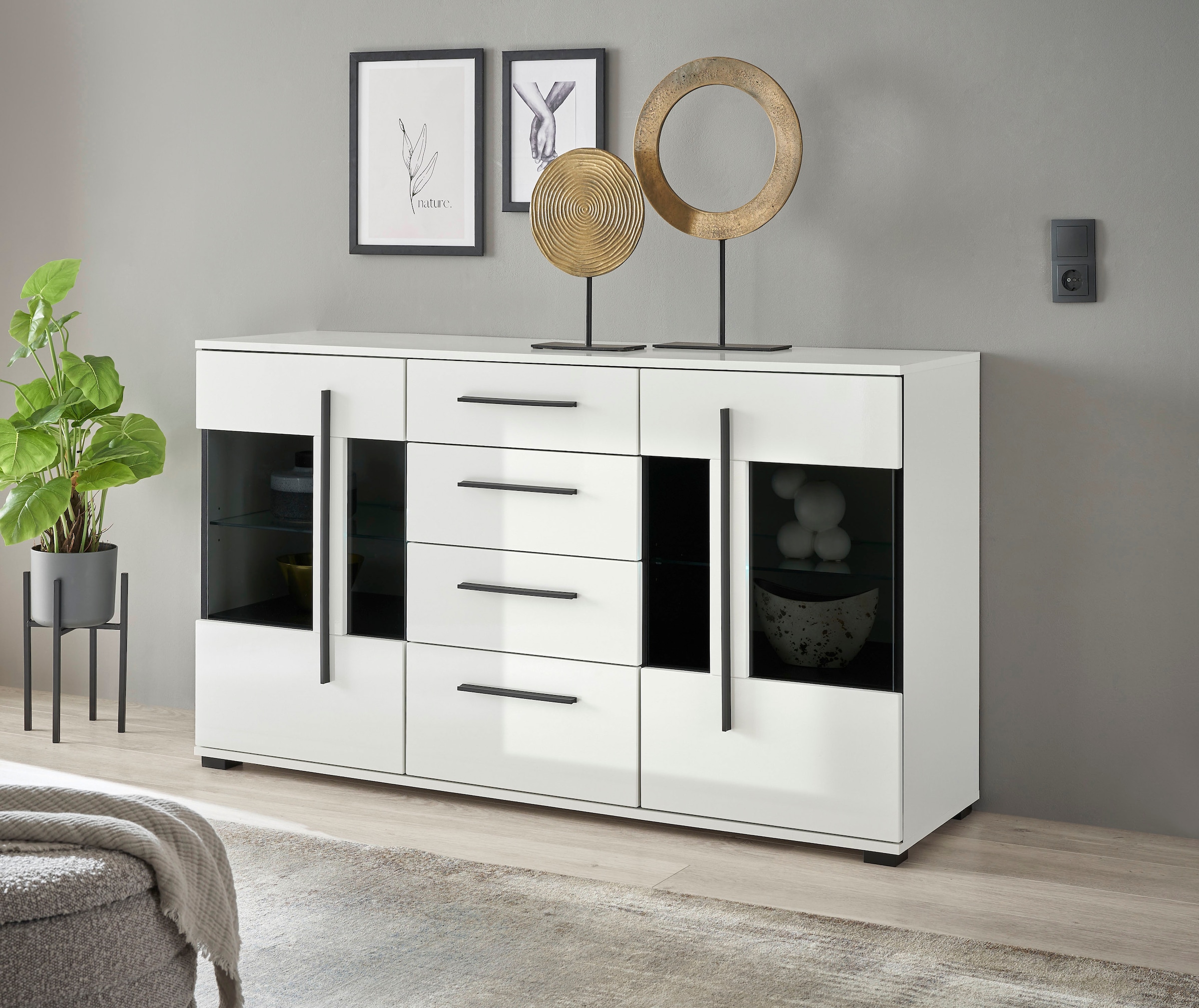 INOSIGN Wohnwand »Cantara, moderne Anbauwand, Wohnzimmer-Set, in Eiche Evoke oder Weiss«, (Set), enthält zwei Vitrinen, ein Sideboard und ein Wandboard