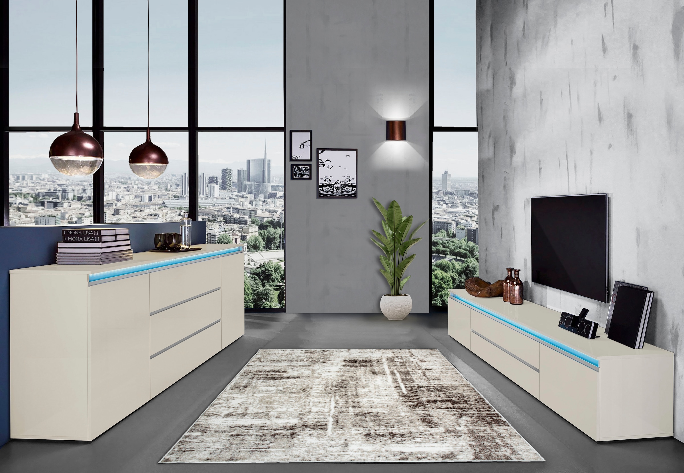 Home affaire Table basse »Magic,Lowboard,TV-Kommode,TV-Möbel,TV-Bank« Alugriff, 2 Türen, 2 Schubkästen, B/T/H 240×40×40 cm, kaschmir matt