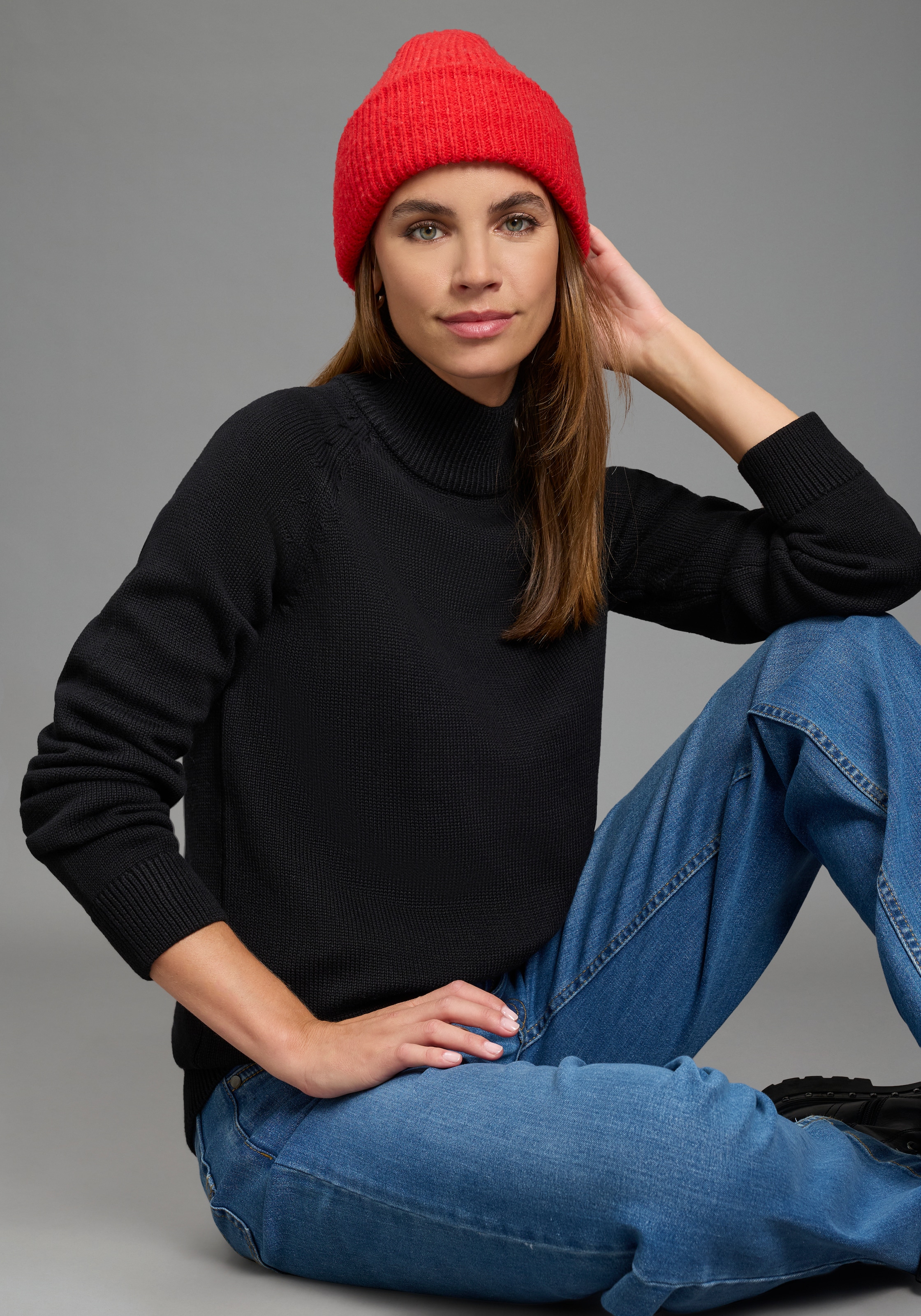 Arizona Pull en tricot »Rolli unifarbend« avec motif tricot grossier et col roulé