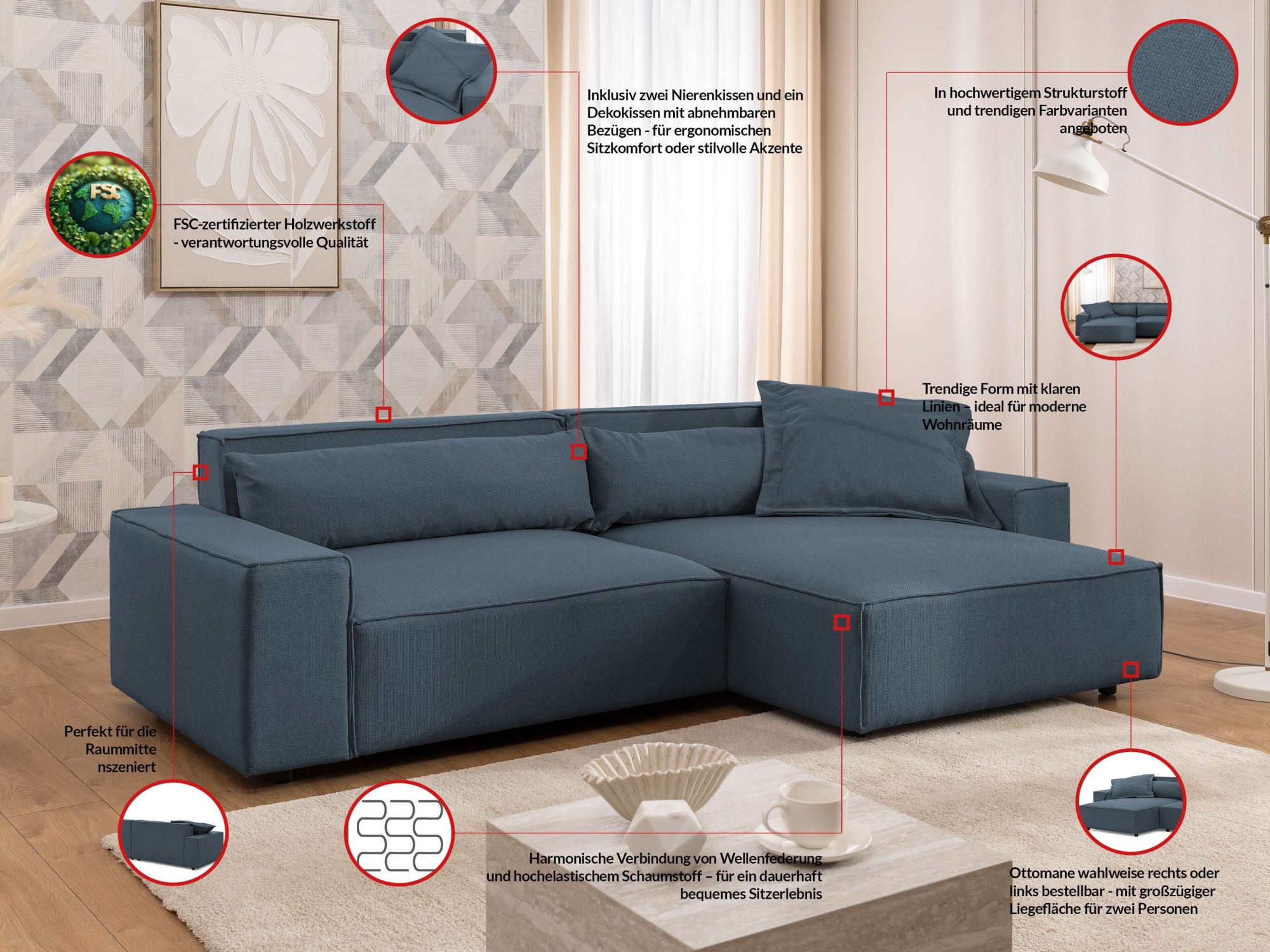 GOODproduct Ecksofa »KINLEE Design-Sofa mit Recamiere rechts/links, Masse B/T/H 251/144/70cm« L-Form mit Wellenunterfederung, ohne Bettfunktion, modern und beguem