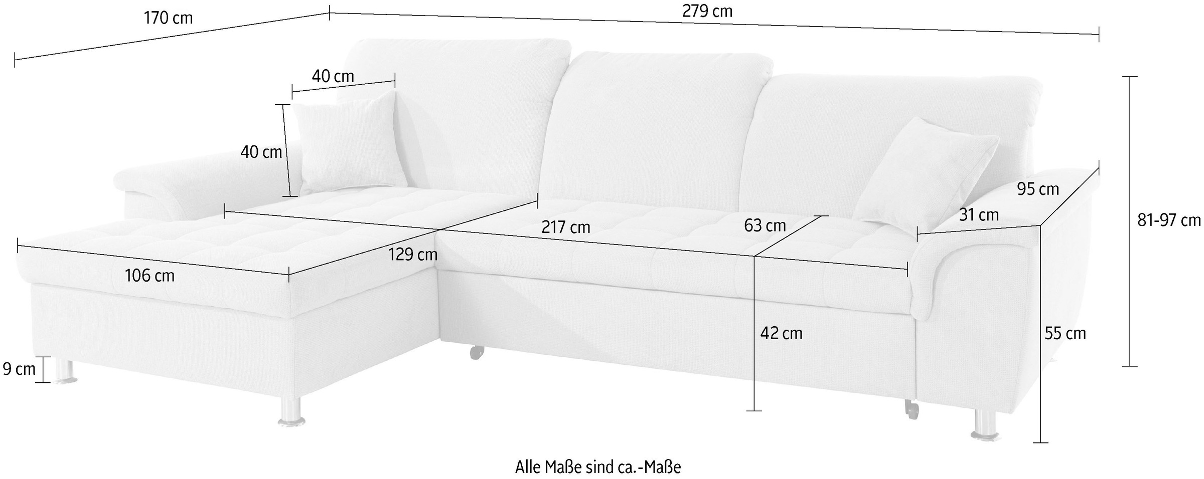 DOMO collection Ecksofa »Franzi, zeitlos und elegant, moderne Sitzheftung, L-Form«, wahlweise mit Kopfteilverstellung (dann Tiefe: 170 cm)