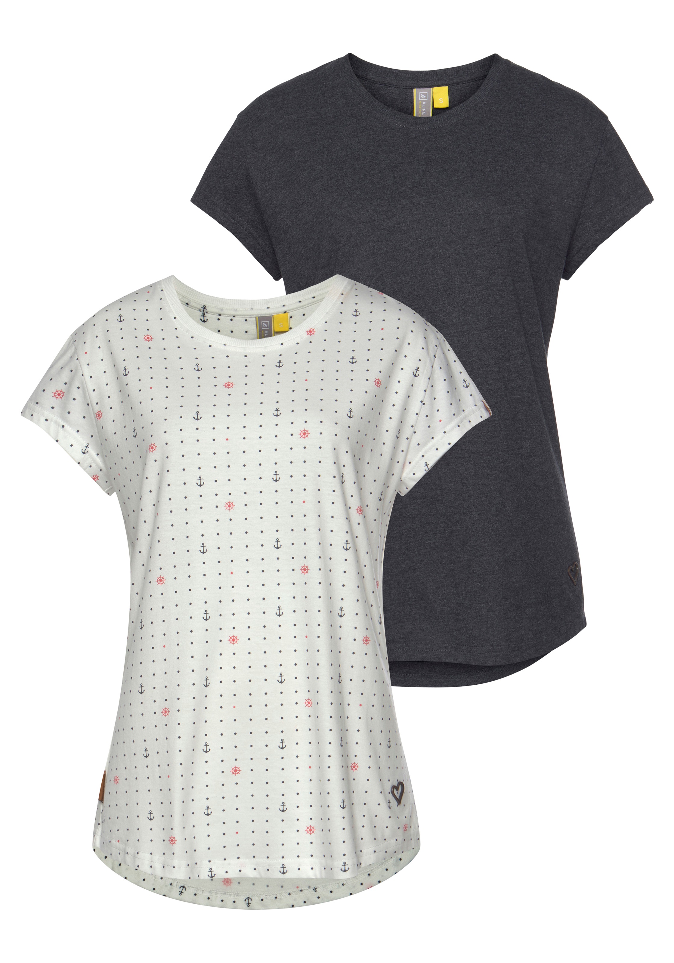 Image of Alife & Kickin T-Shirt »MollyAK«, (Packung, 2 tlg., 2er-Pack), sommerliches Shirt im Doppelpack- 1xUni & 1x Alloverprint bei Ackermann Versand Schweiz