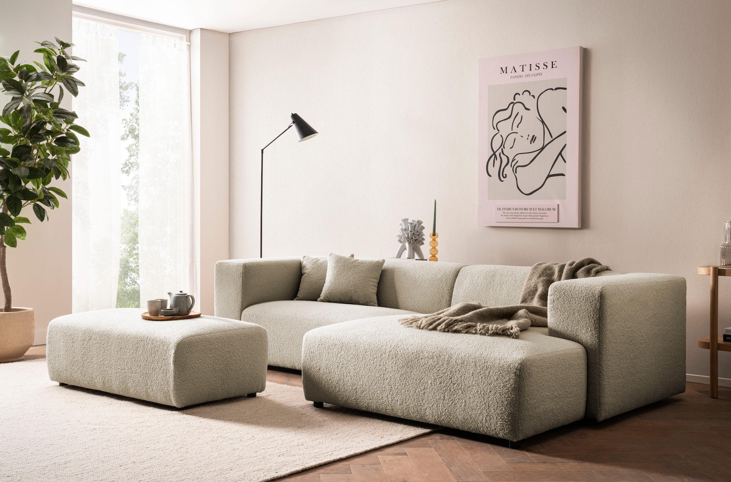 andas Ecksofa »BAKELS, L-Form in Cord oder Boucle-Stoff, moderne Couch«, wahlweise Recamiere rechts/links, bequemer Sitzkomfort