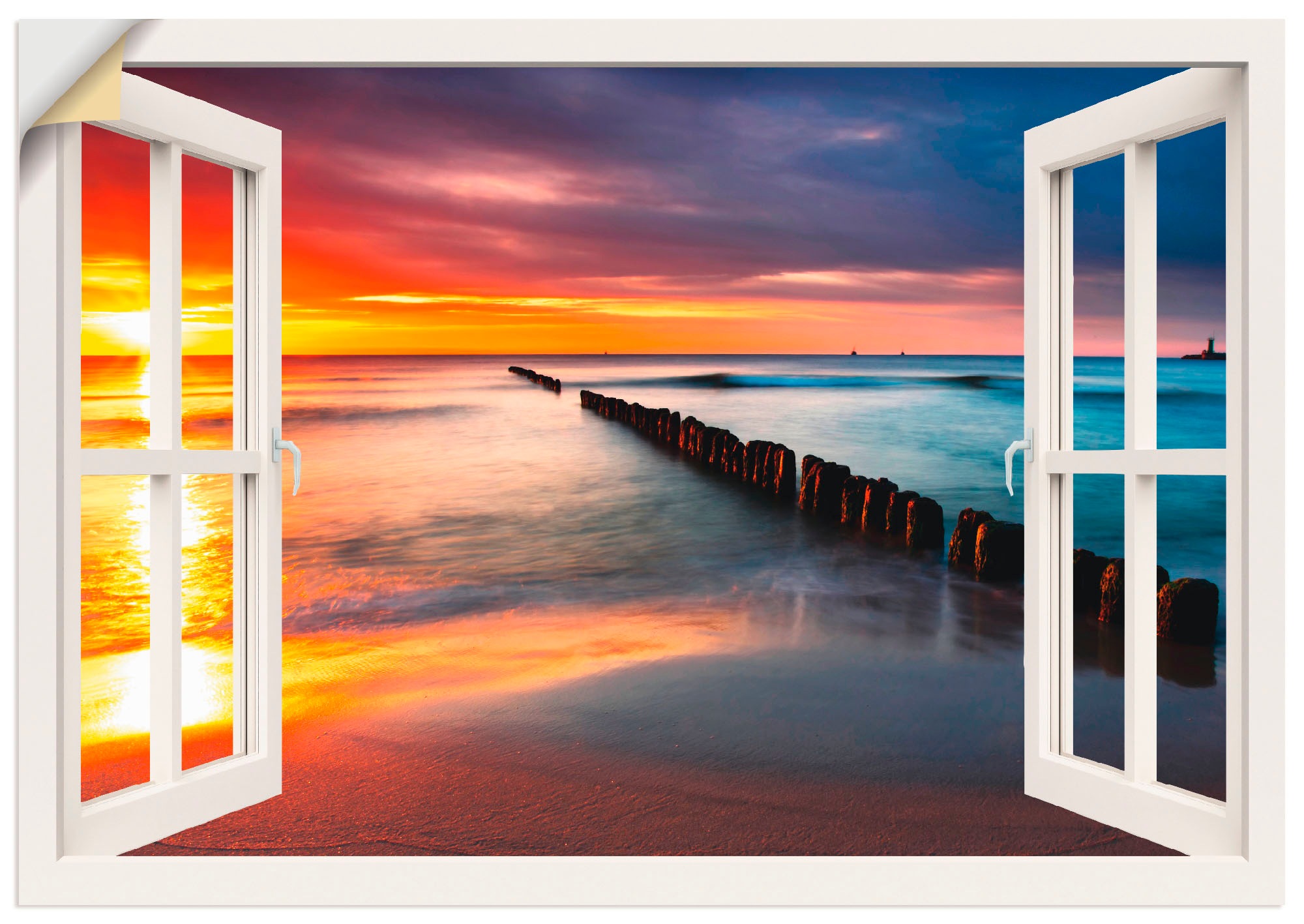 Image of Artland Wandbild »Fensterblick Ostsee mit Sonnenaufgang«, Fensterblick, (1 St.), in vielen Grössen & Produktarten -Leinwandbild, Poster, Wandaufkleber / Wandtattoo auch für Badezimmer geeignet bei Ackermann Versand Schweiz