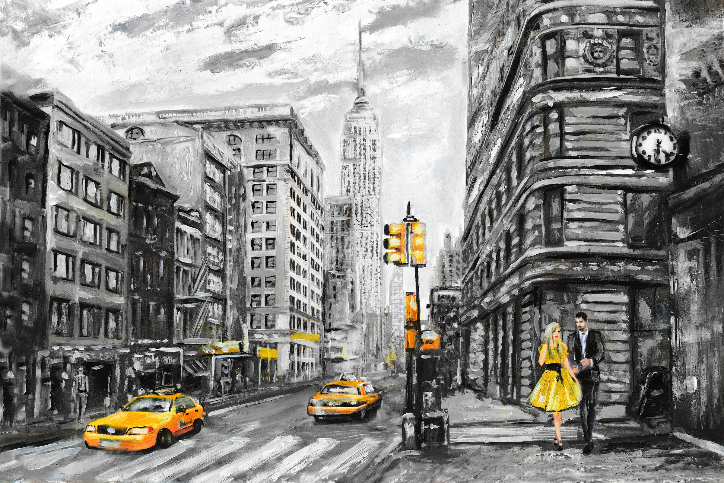 Image of queence Leinwandbild "New York" Amerika New York Schwarz-Weiss Städte Taxis Wanddeko, schwarz, weiss, gezeichnet, Amerika, Premium Leinwandstoff