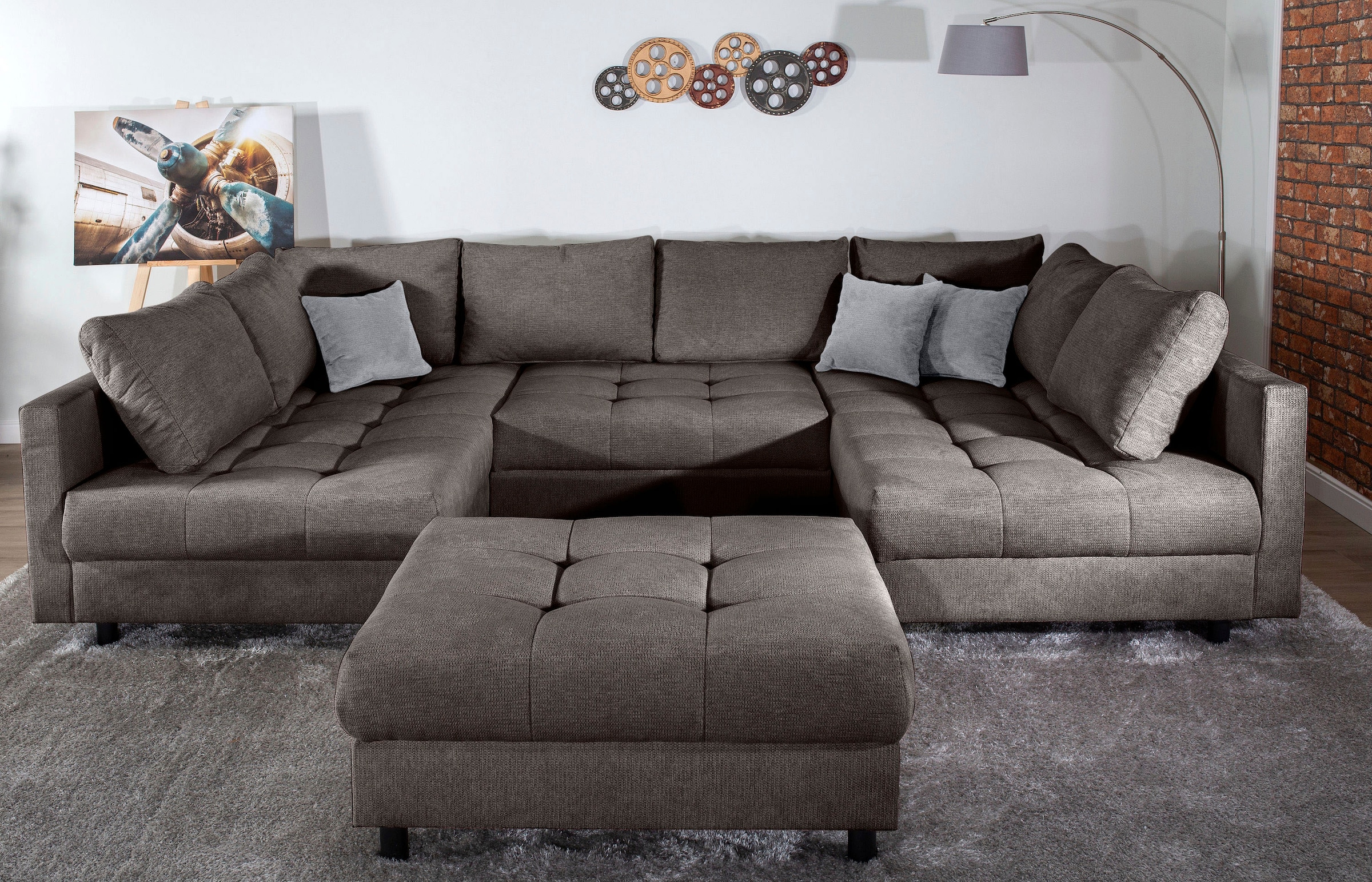 COLLECTION AB Wohnlandschaft »Toni U-Form, B: 298 cm, XXL-Liegefläche 282x178 cm mit Hocker« Set: Sofa & Hocker, 3 Zierkissen, Federkern