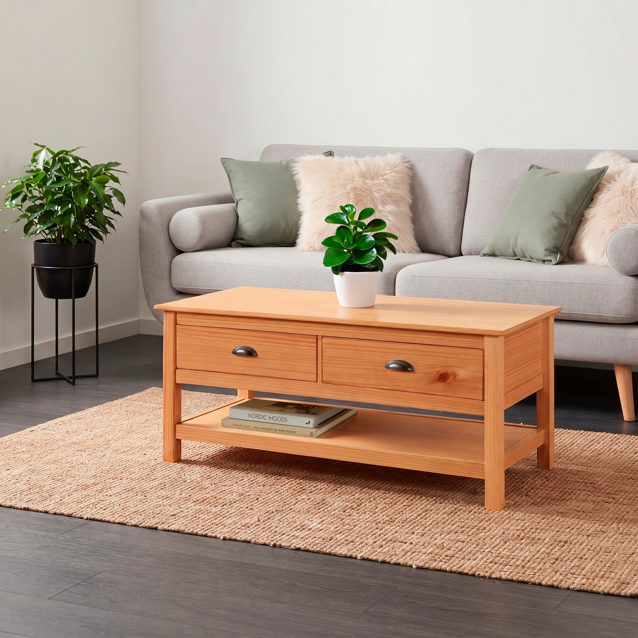 GOODproduct Table basse »Schröder« avec 2 tiroirs et 1 tablette, en pin massif