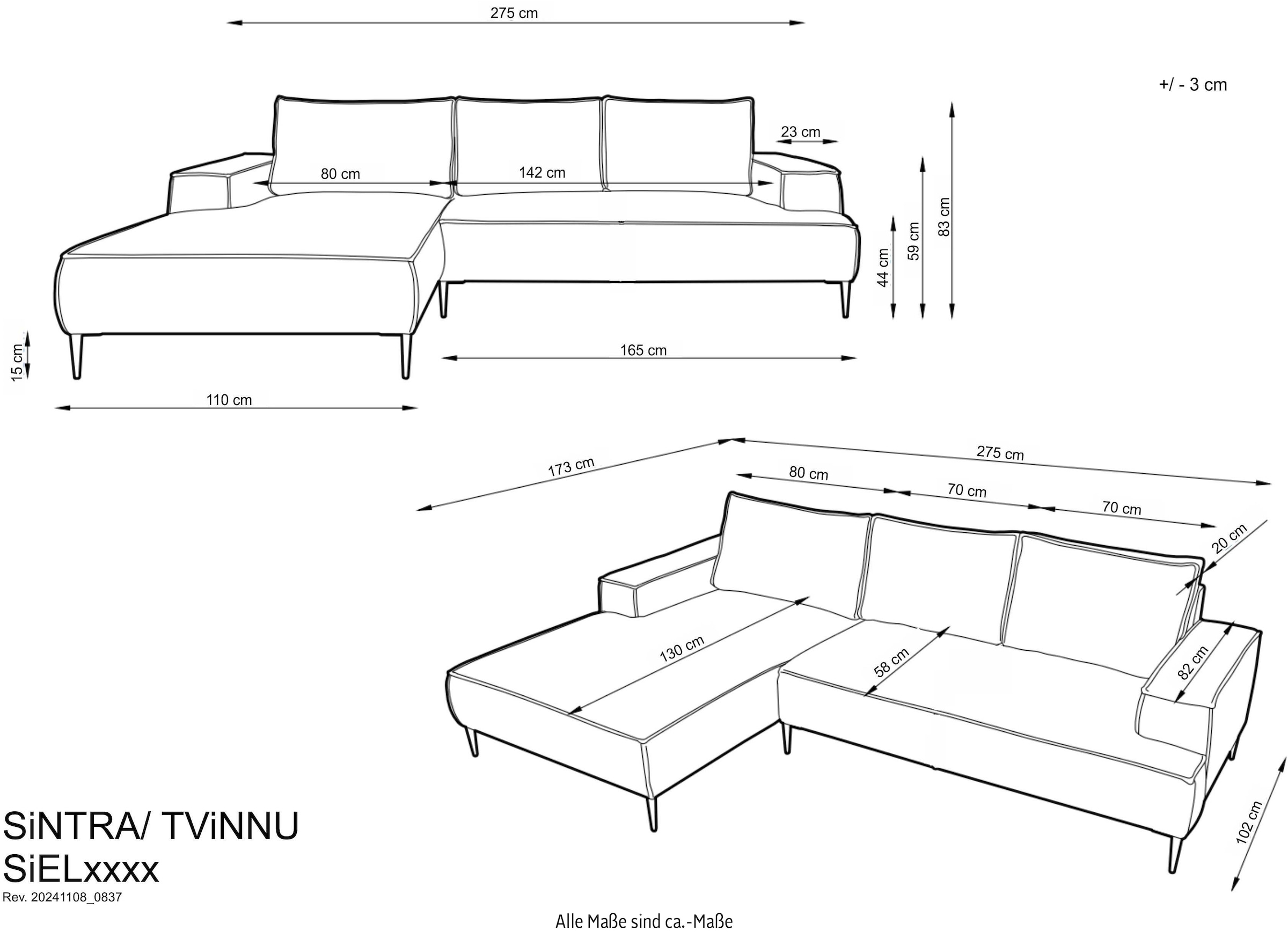 andas Ecksofa »TVINNU, L-Form in Cord, Sofa«, wahlweise Recamiere rechts/links, schwarze Füsse, bequemer Sitzkomfort