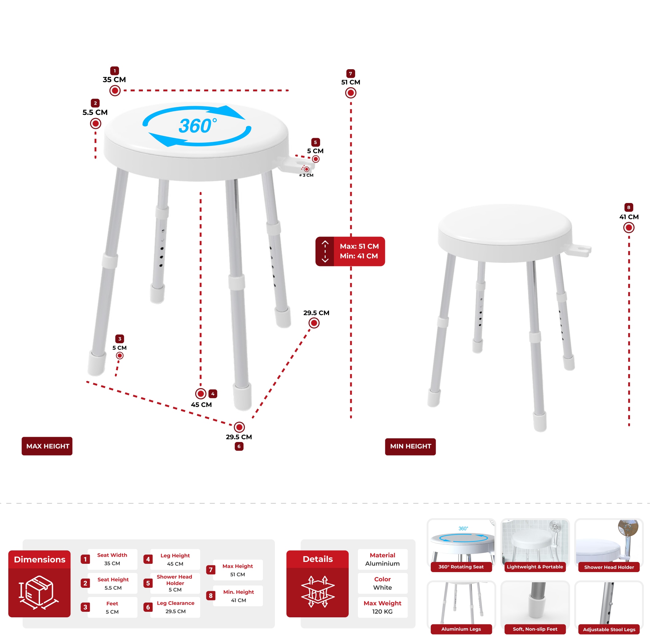 Bischof Tabouret de douche et de bain »Rotate 1.0« belastbar bis 150 kg TÜV/GS geprüft, drehbare Sitzfläche und Ablage, höhenverstellbar