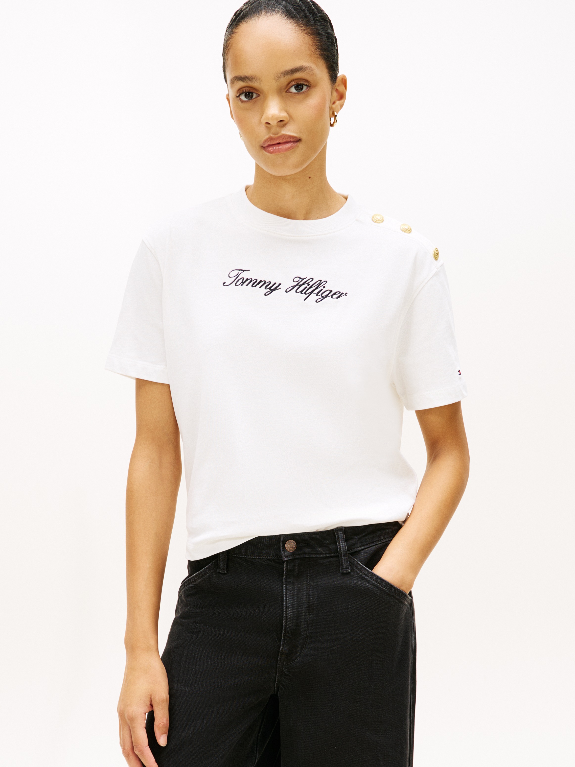 Image of Tommy Hilfiger Kurzarmshirt "GOLD BTN SCRIPT MDRN SS TEE" mit goldfarbenen Knöpfen