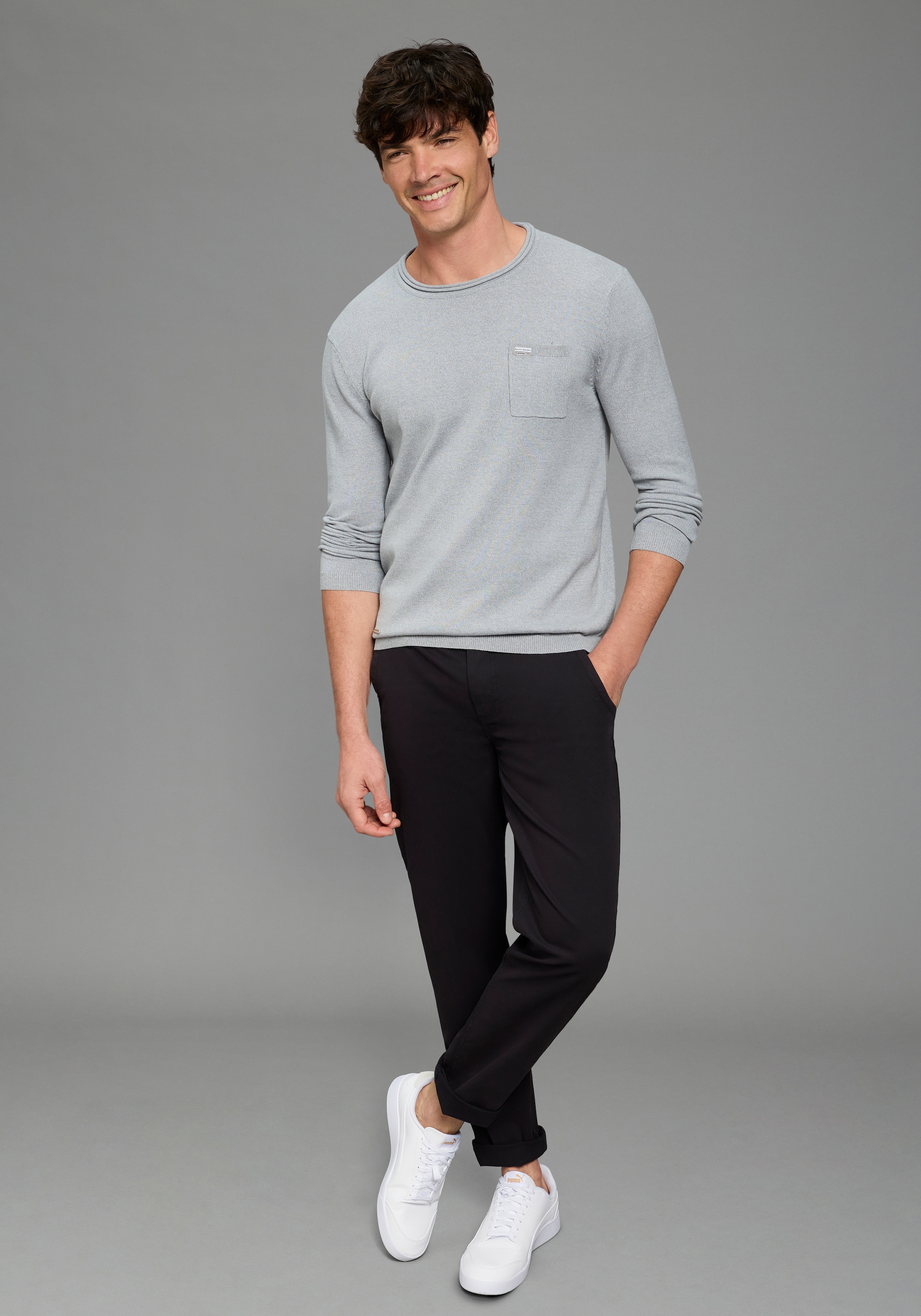 Bruno Banani Rundhalspullover aus Baumwolle, mit Rundhalsausschnitt, Langarm, melierte Optik