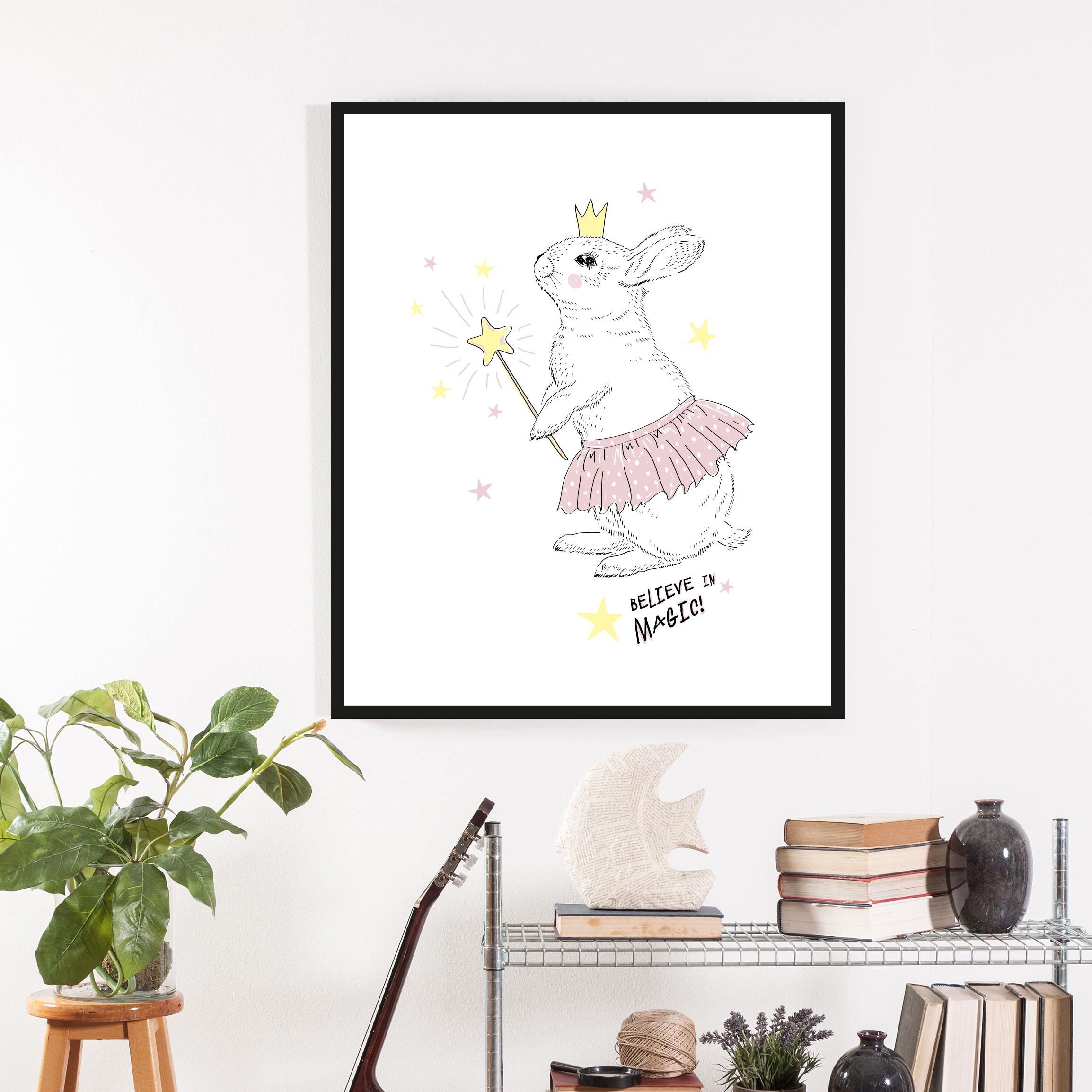 queence Bild »Aldus«, Hase-Hasen-Haustiere-Kunst-Stern-Sterne-Prinzessinnen, (1 St.), HD Premium Poster-Druck inkl. Holzrahmen