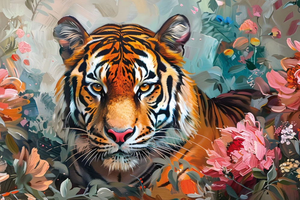 Image of Bönninghoff Leinwandbild "Wandbild TIGER GEMÄLDE 60x90 cm – Leinwandbild Keilrahmen Deko modern" Blumen Blumenbilder Raubkatzen Tiere Tiger 1 Stk. tlg. auf Keilrahmen gespannt