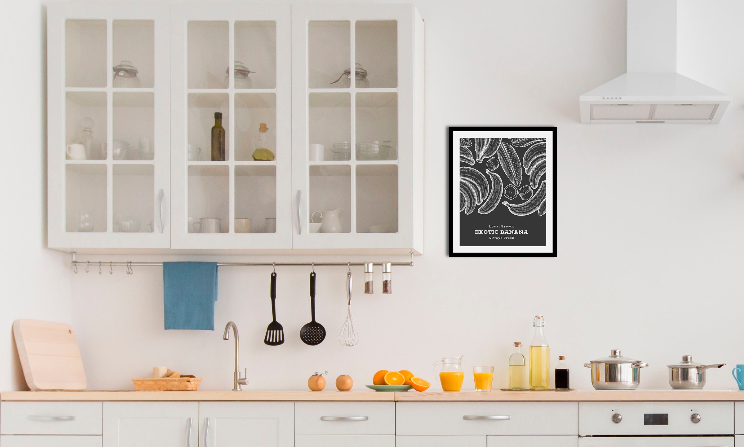 Image of queence Bild "Exotic Banana" Essen Kunst Lebensmittel Obst Obst Bilder Schriftzug Schwarz-Weiss 1 Stk. tlg. gerahmt