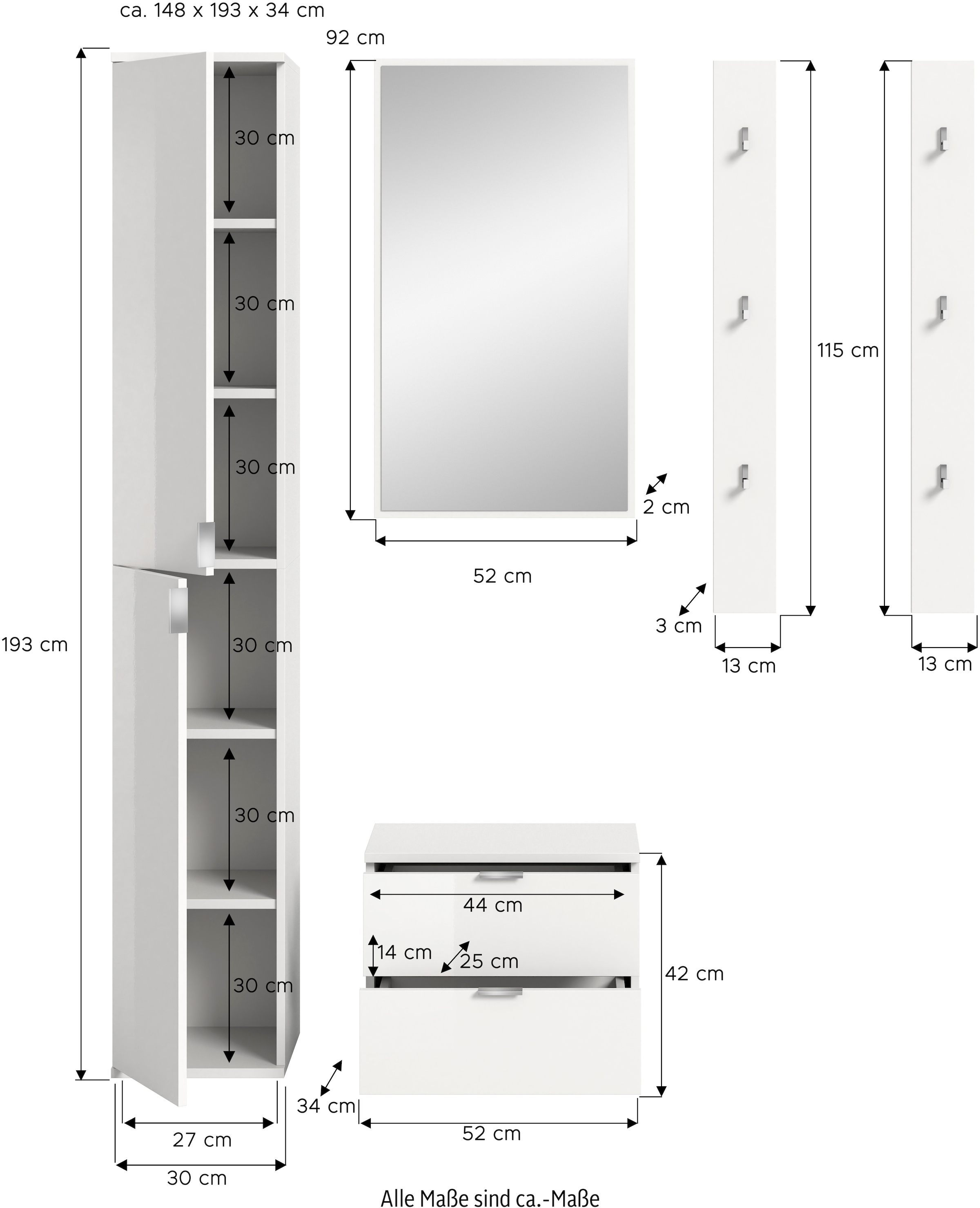 INOSIGN Garderoben-Set »Trondheim, Garderobenset 4-tlg. Breite 148 cm,«, (4 St.), hochglanz, best. aus: Spiegel, 2er Set Paneele, Schrank,Kommode, Flur