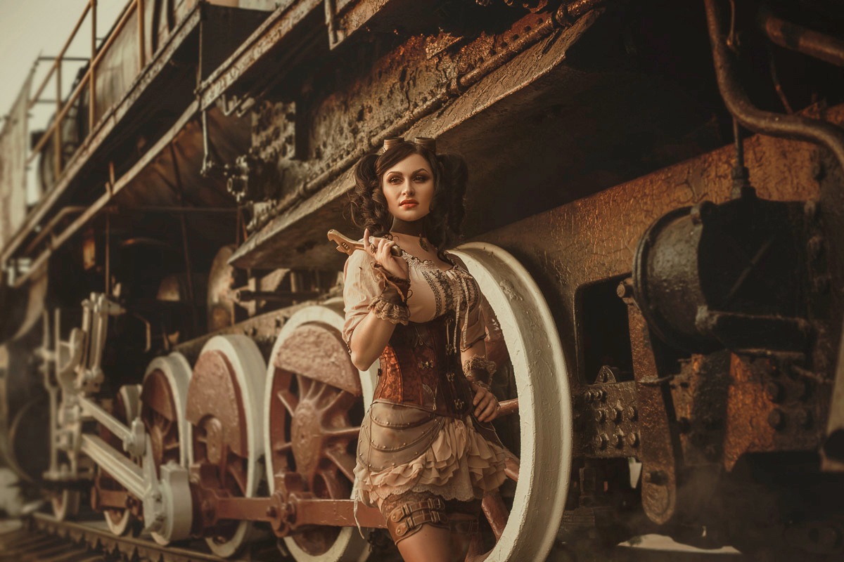 Image of Papermoon Fototapete »Steampunk Frau vor Zug«, Vliestapete, hochwertiger Digitaldruck, inklusive Kleister bei Ackermann Versand Schweiz