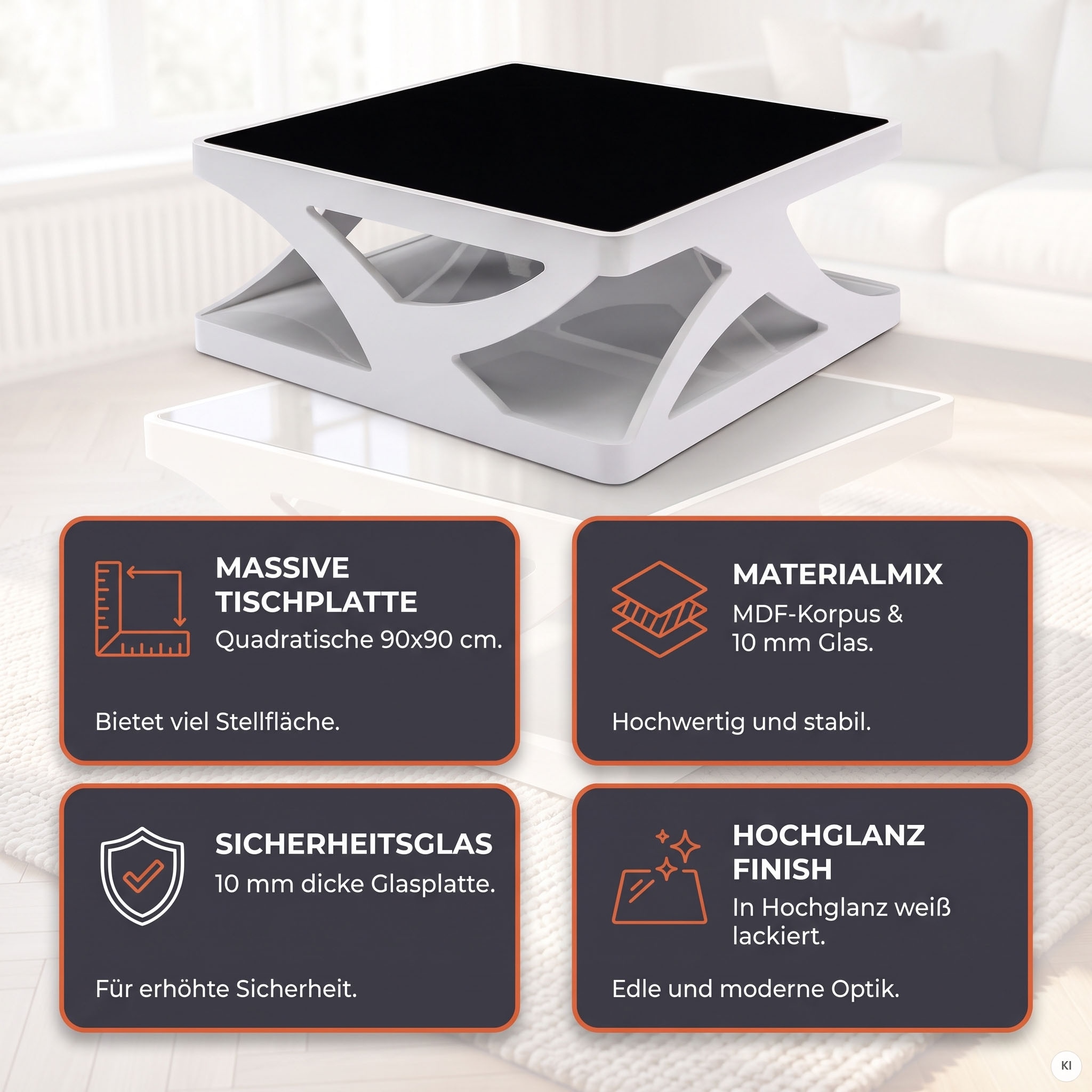 SalesFever Table basse »Lacona Coffeetable mit stilvollem Aussehen« Plaque en verre noir 10 mm, rectangulaire ou carrée