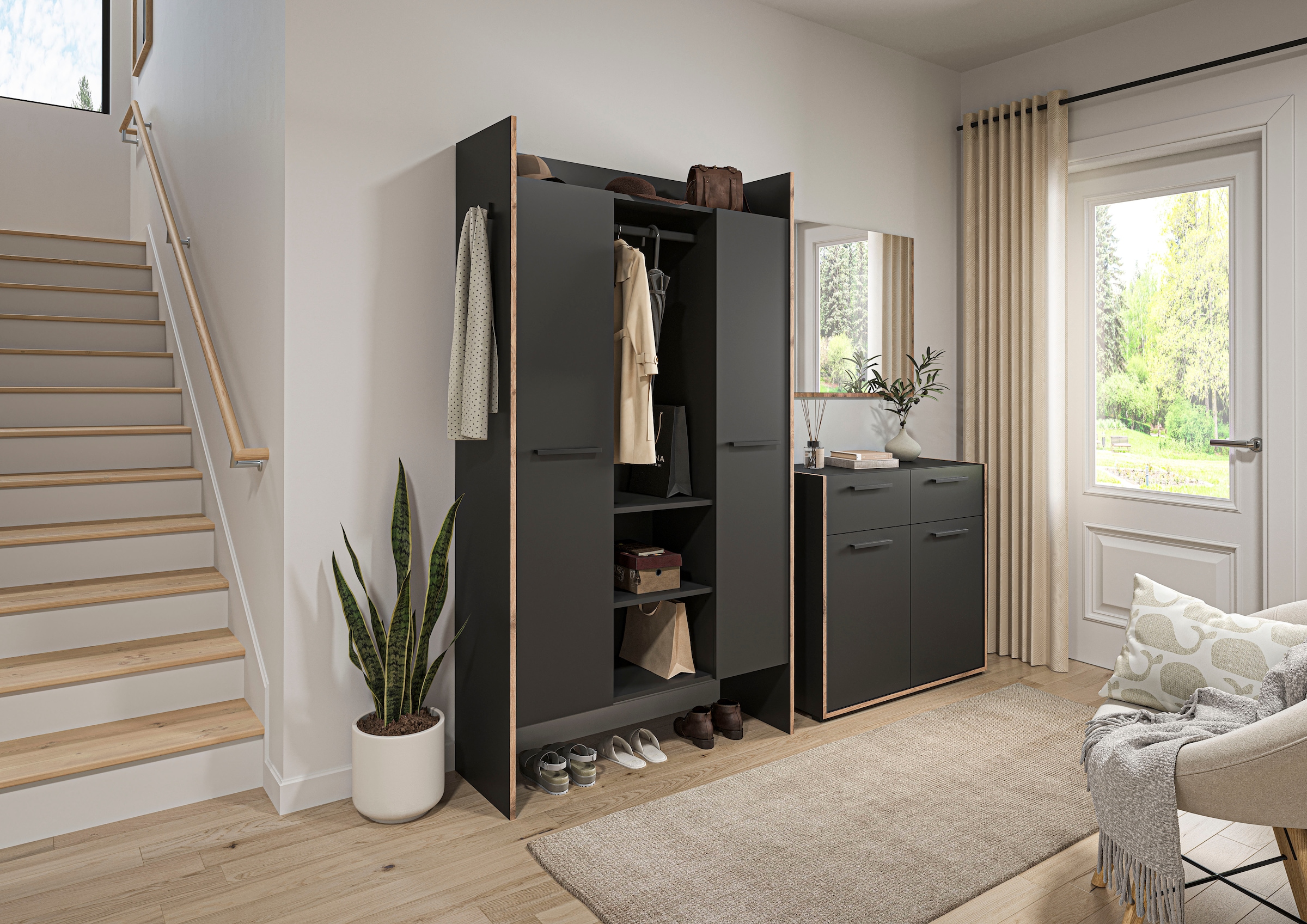 Home affaire Garderoben-Set »MUSTA, 3-teilig: Garderobenschrank, Kommode & Garderobenspiegel«