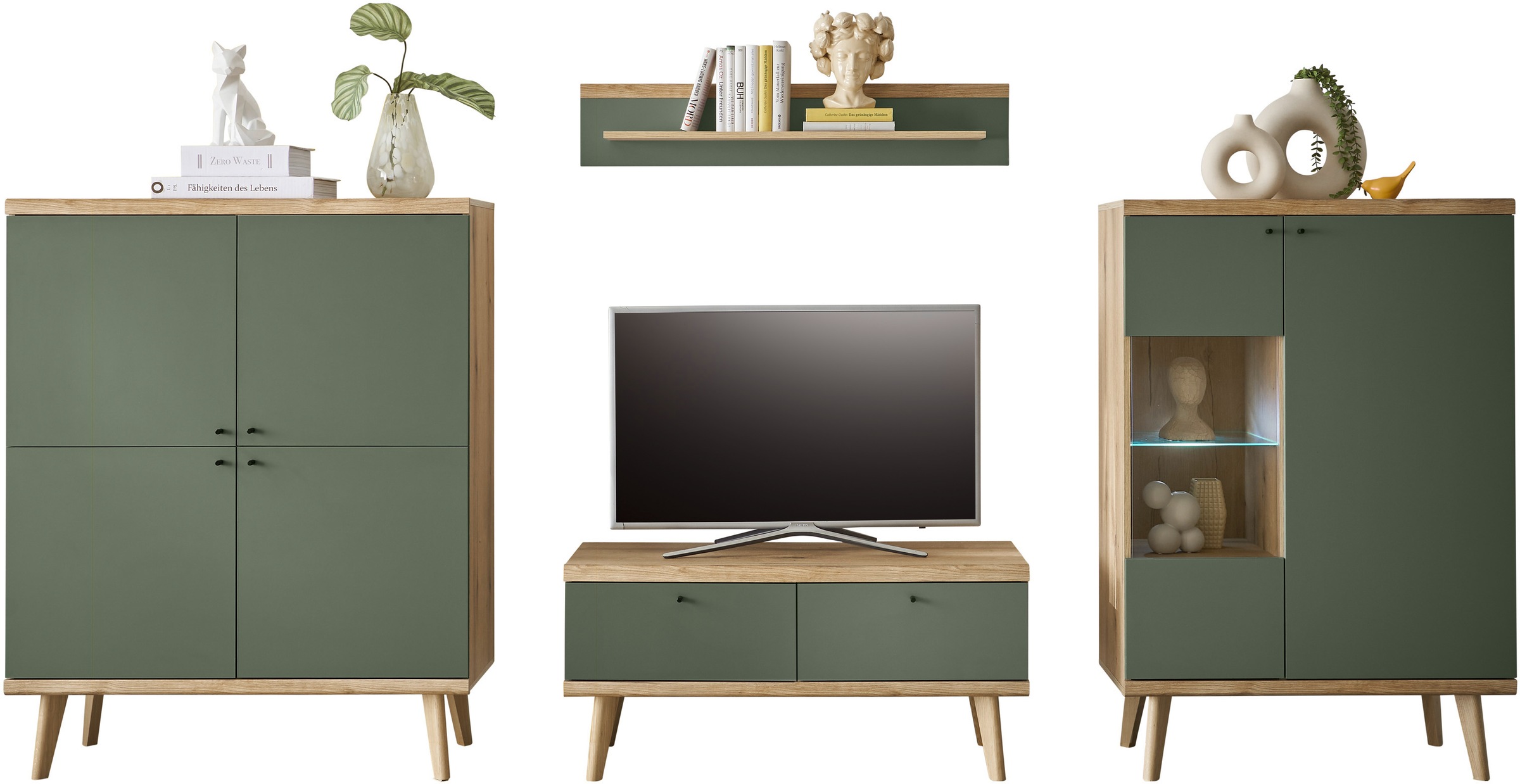 INOSIGN Wohnwand »MAVAS«, (Set, 4 St.), in moderner Trendfarbe, Griffe aus Metall (Schwarz), Breite 324 cm