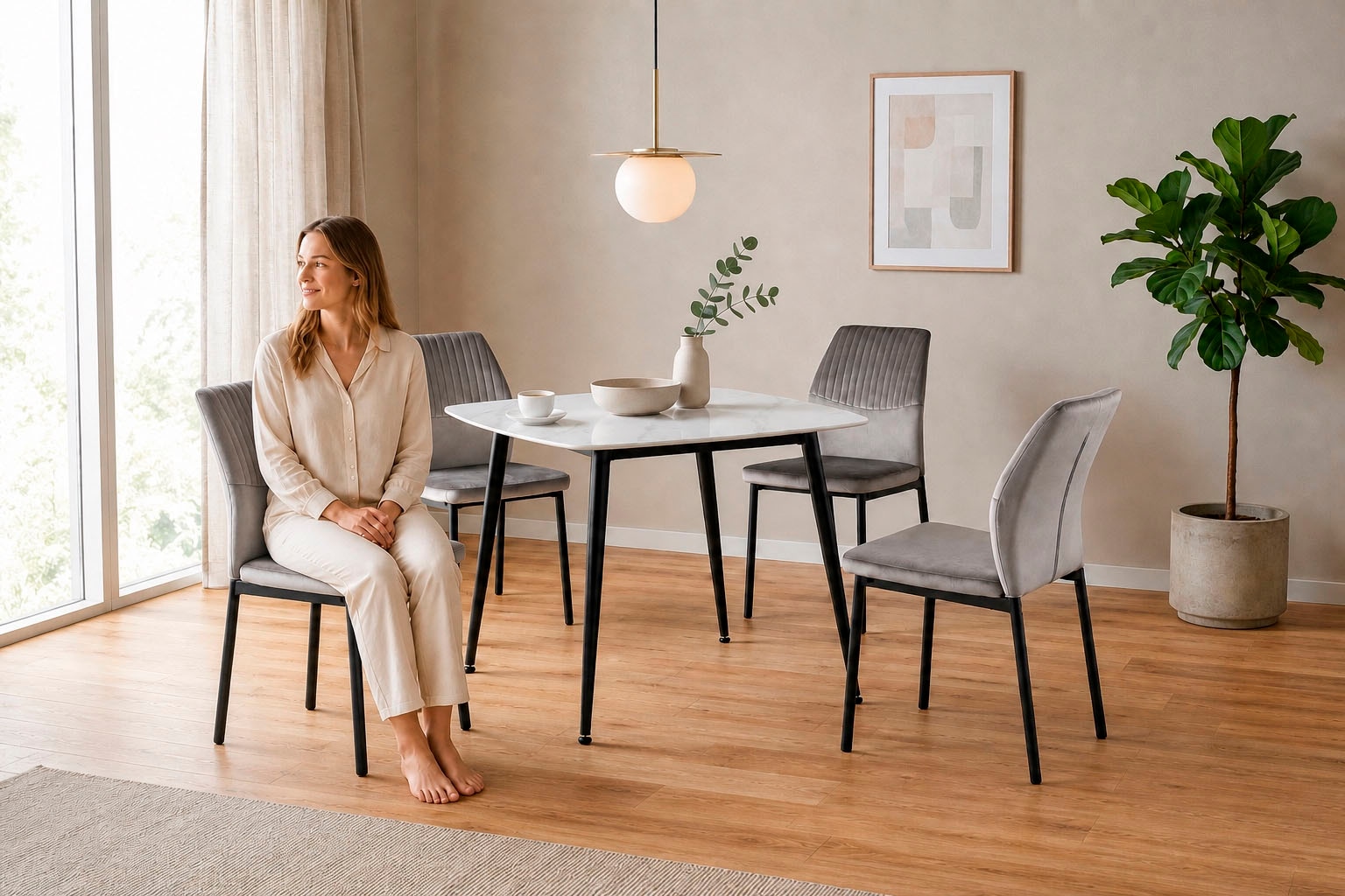 GOODproduct Ensemble de salle à manger »Nora, Set, 5-tlg« Ensemble, 5 tlg. avec 4 chaises confortables, table à manger en pierre frittée aspect céramique