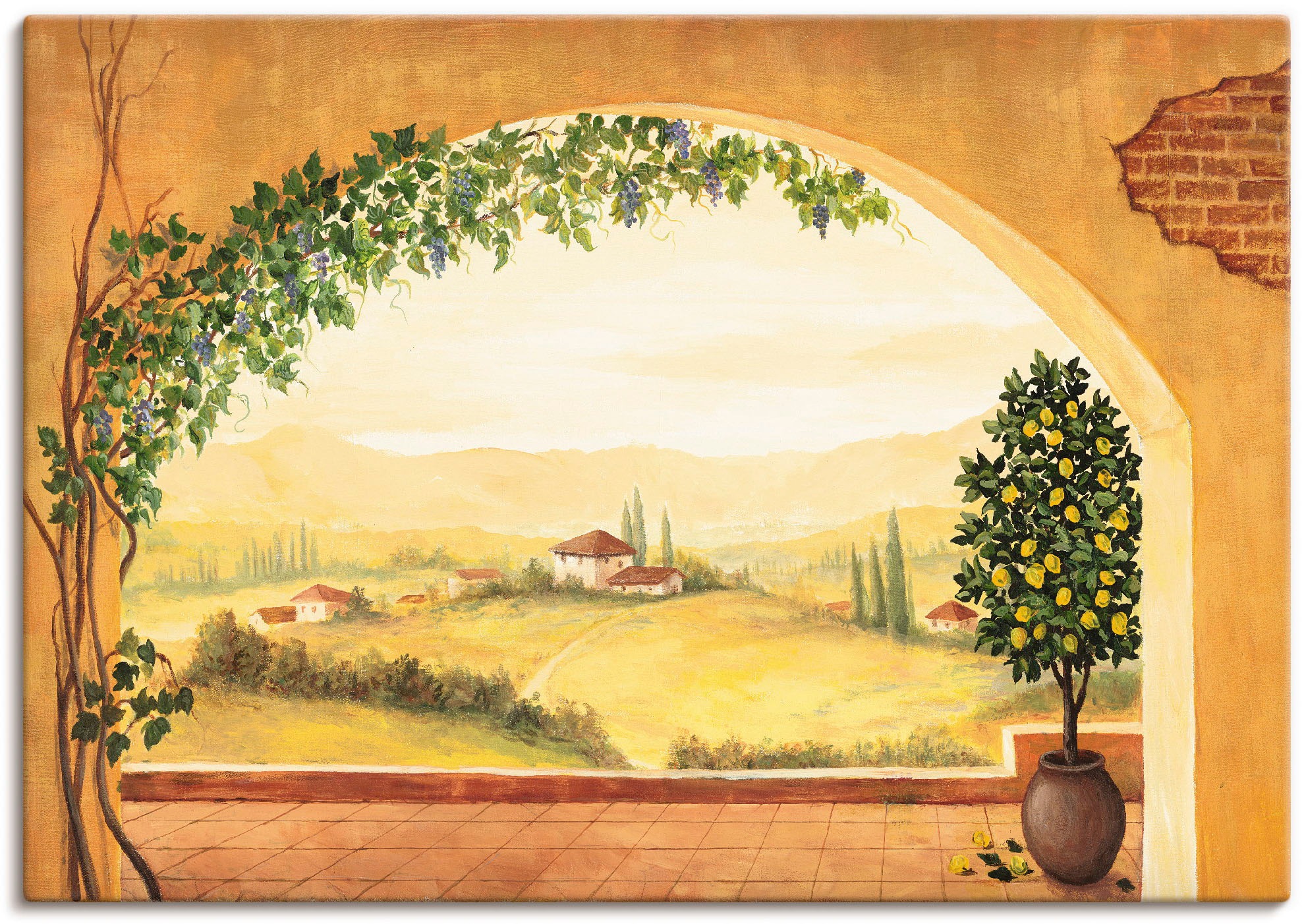 Image of Artland Leinwandbild "Weinranken vor der Toskanalandschaft" Fensterblick 1 Stk. tlg. auf Holzrahmen gespannt