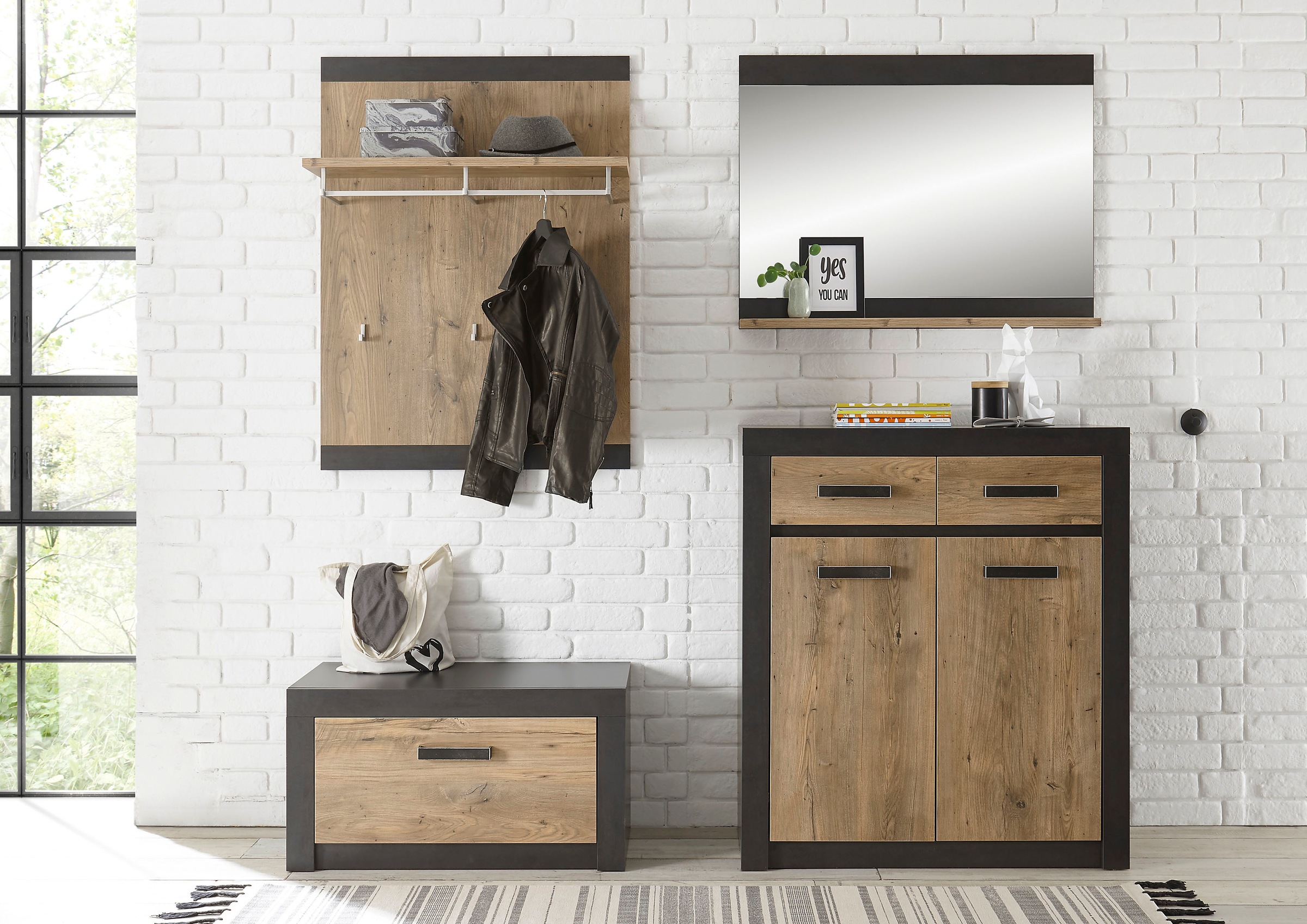 Image of my home Garderoben-Set »BRÜGGE«, (Komplett-Set, 4 St., bestehend aus Garderobenbank und -paneel, Kommde, Spiegel), mit einer dekorativen Rahmenoptik bei Ackermann Versand Schweiz