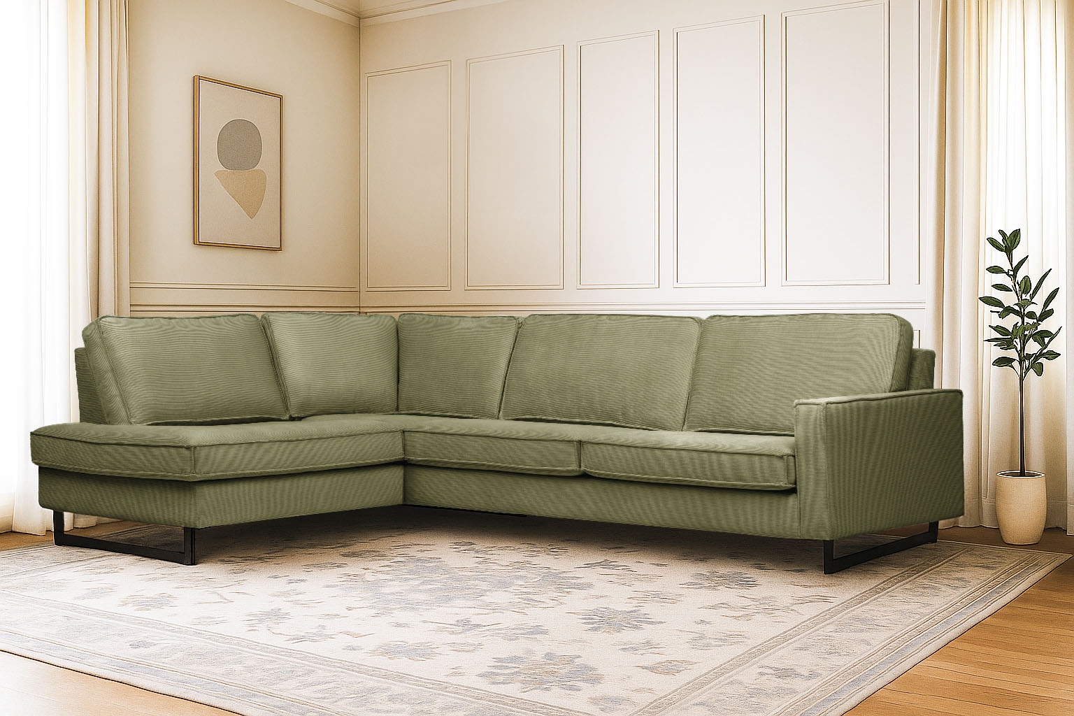 Places of Style Ecksofa »Pinto, 290 cm, Cord, Chenille, Lederoptik, Ottomane links / rechts«, mit Keder, schwarze Metallfüsse, Wellenunterfederung
