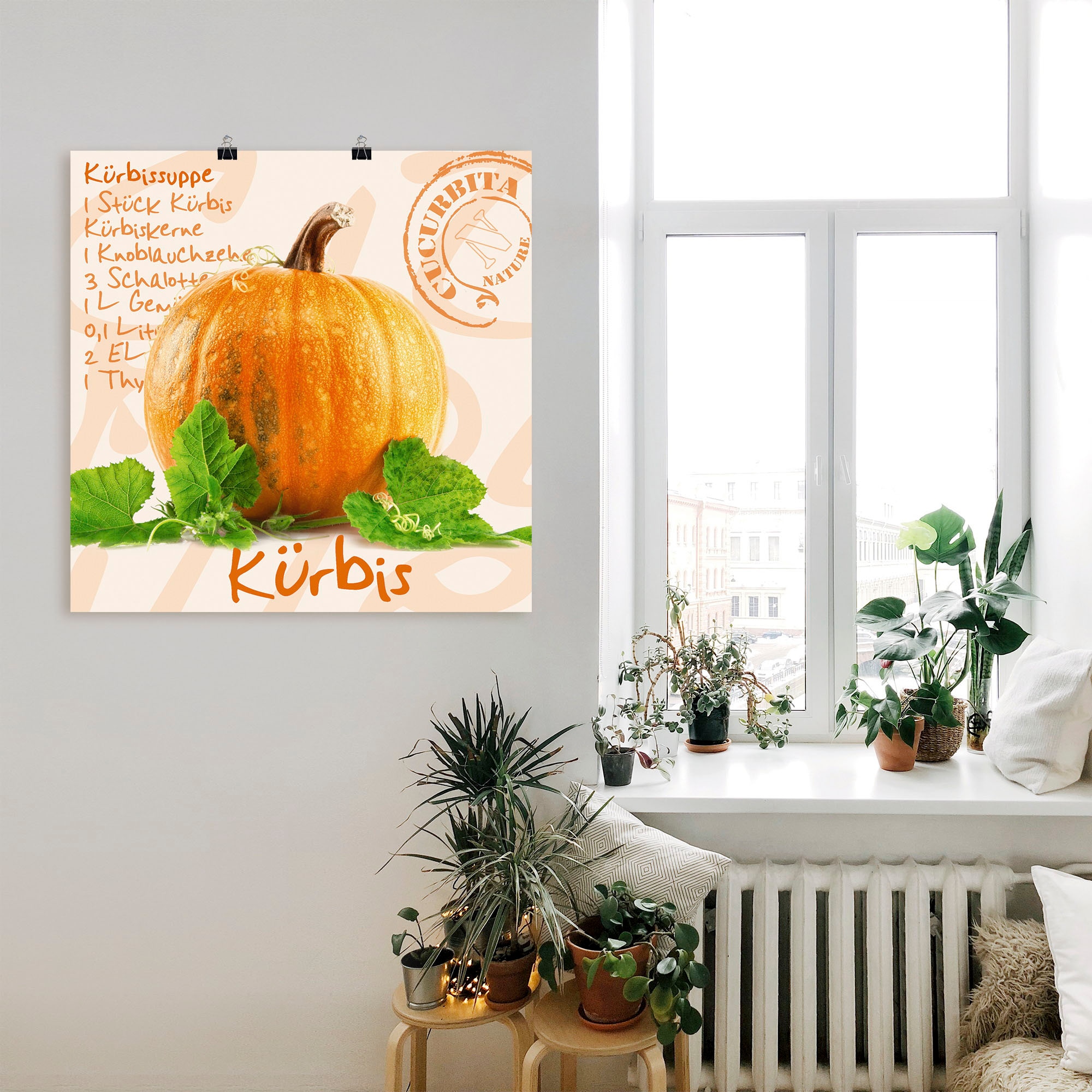 Artland Wandbild »Gelber Kürbis mit grünen Blättern«, Lebensmittel, (1 St.), als Poster, Wandaufkleber in verschied. Grössen