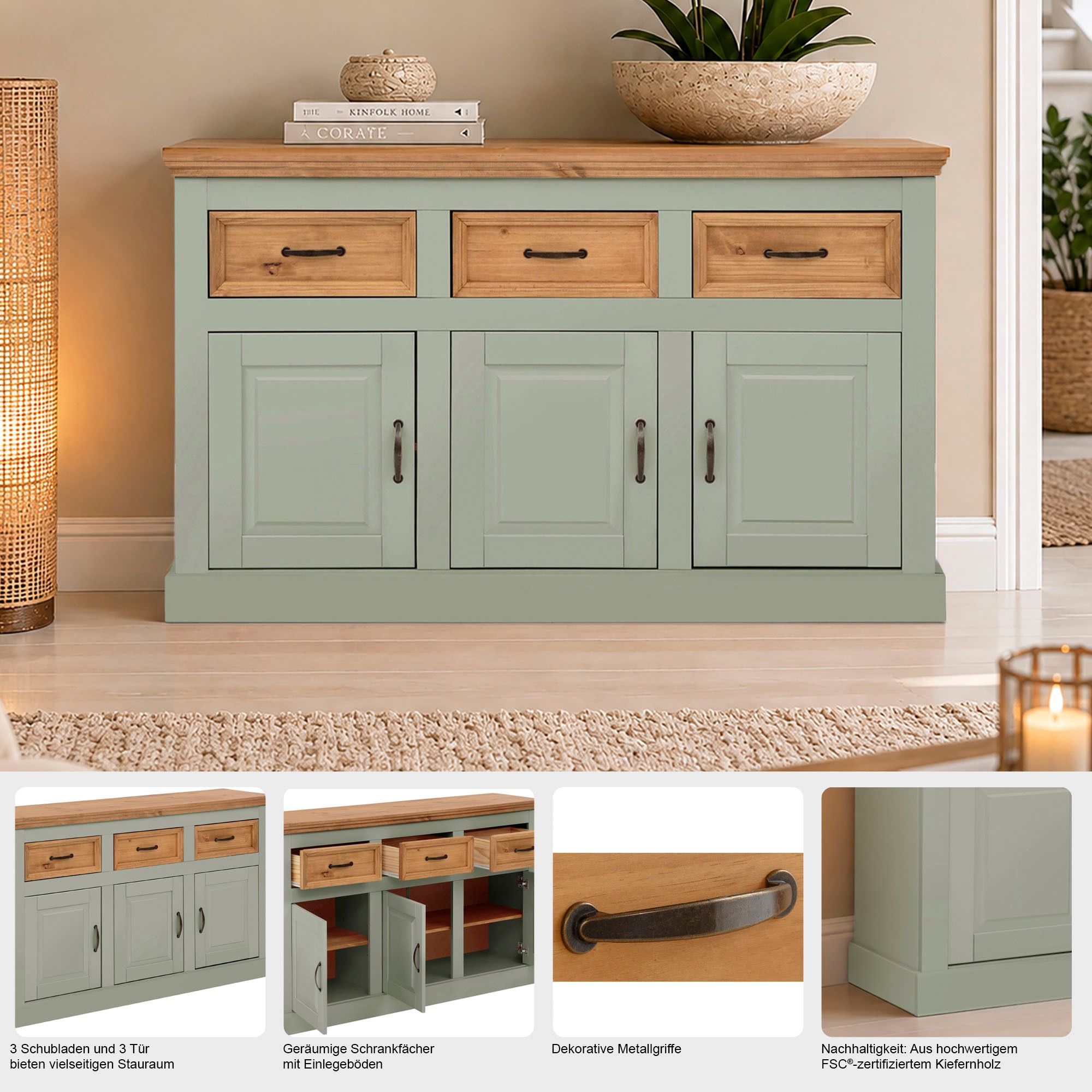 GOODproduct Buffet »Selma Kommode mit 3 Türen, 3 Schubläden und 6 Fächer, Metallgriffe« en bois massif de pin, 3 planchers insérés, avec rainures décoratives