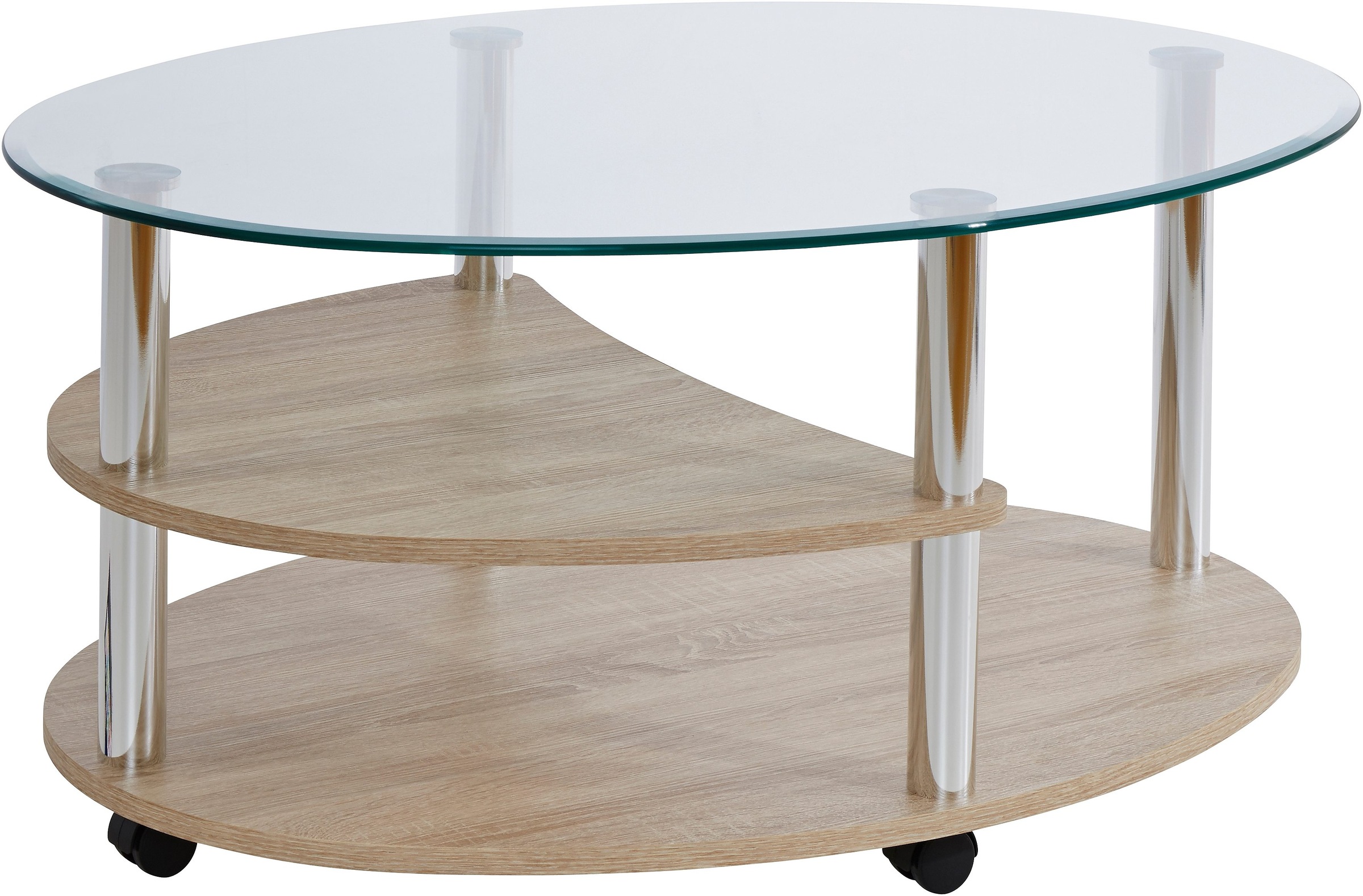 Image of PRO Line Couchtisch, mit Glasplatte, Gestell aus Holz und Metall, mit Ablageboden, mit Rollen, Form oval bei Ackermann Versand Schweiz