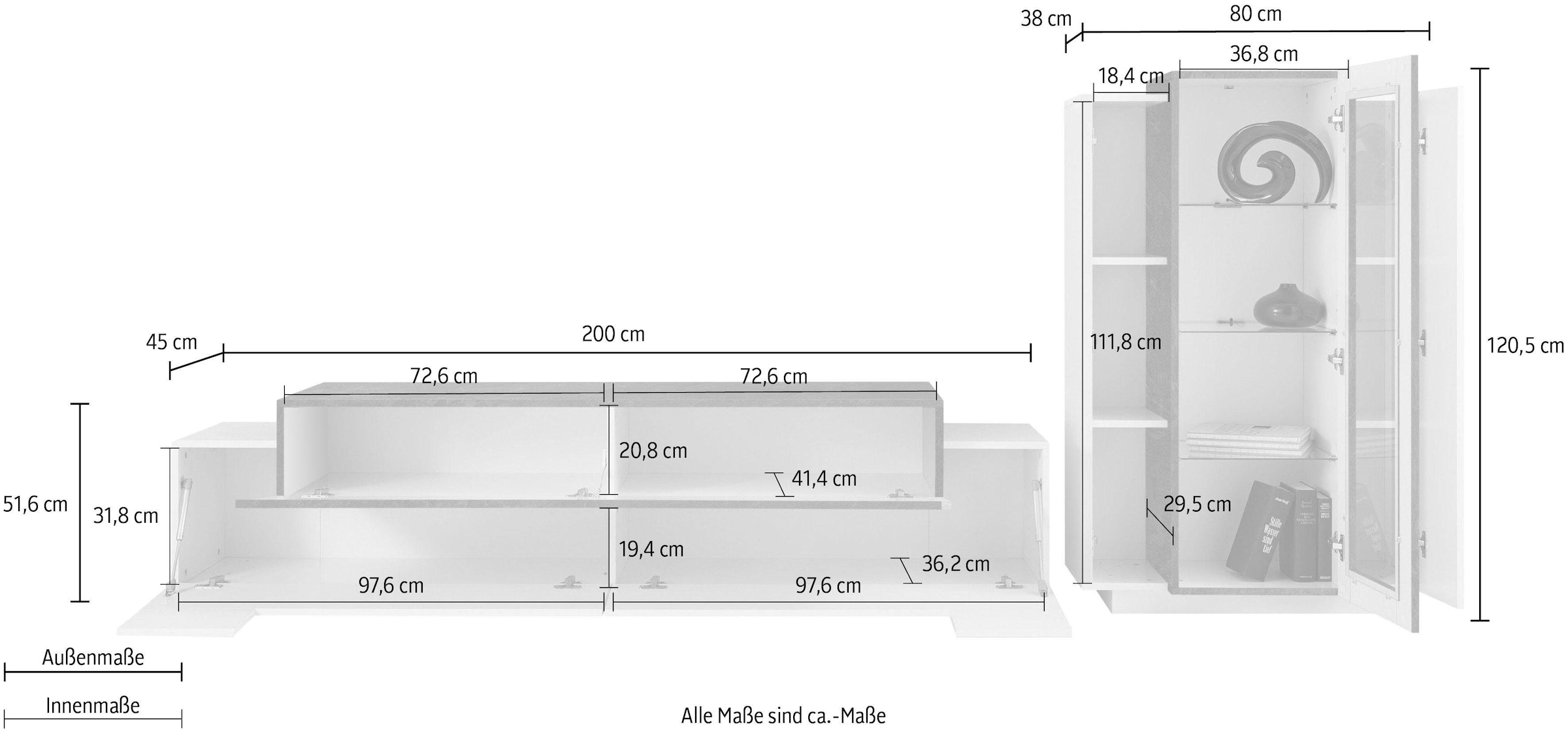 INOSIGN Wohnwand »Coro, Anbauwand, Medienwand«, (Set, 2 St.), Lowboard 4 Fächern Breite 200 und Vitrine 3 Türen Breite 80