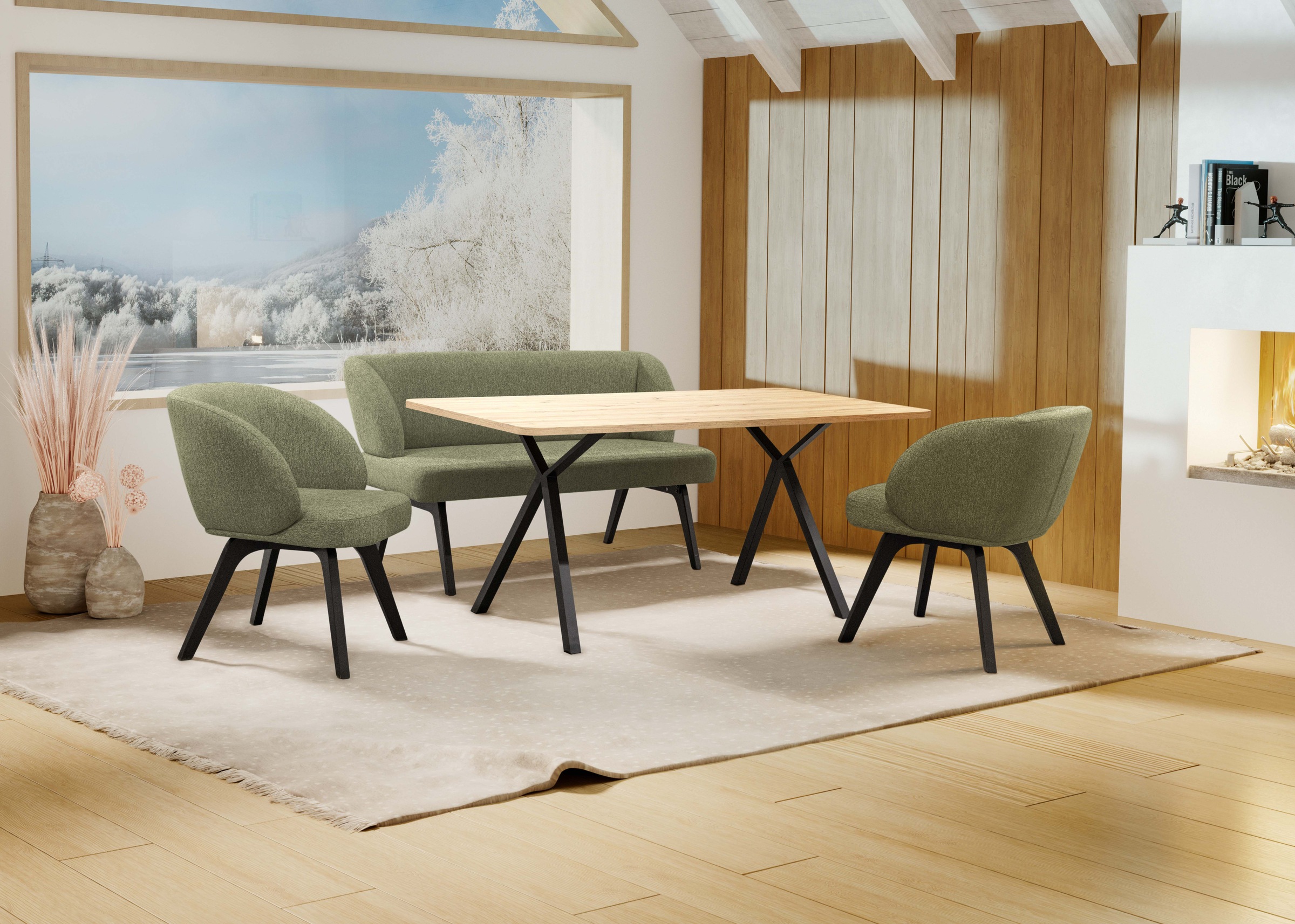 Image of GOODproduct Essgruppe "Aretha Esstischbank, Sitzgruppe, Küchenbank, Polsterbank" Set, 4er, 4 Stk. tlg. Esszimmer Sitzgruppe, Tisch, Stühle und Bank gepolstert, Nosagfederung