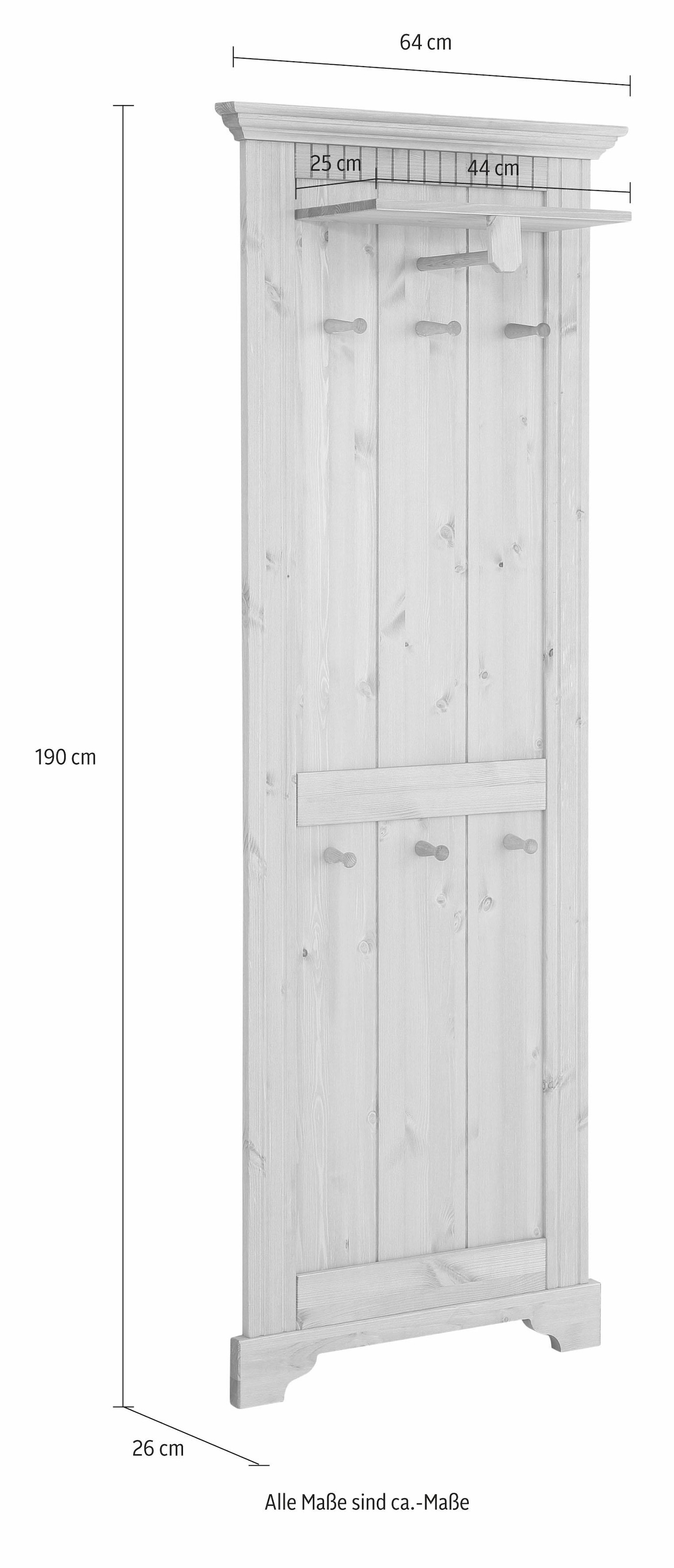 Home affaire Garderobenpaneel »Rustic«, aus massiver Kiefer, Höhe 190 cm, mit Ablage, Holzhaken