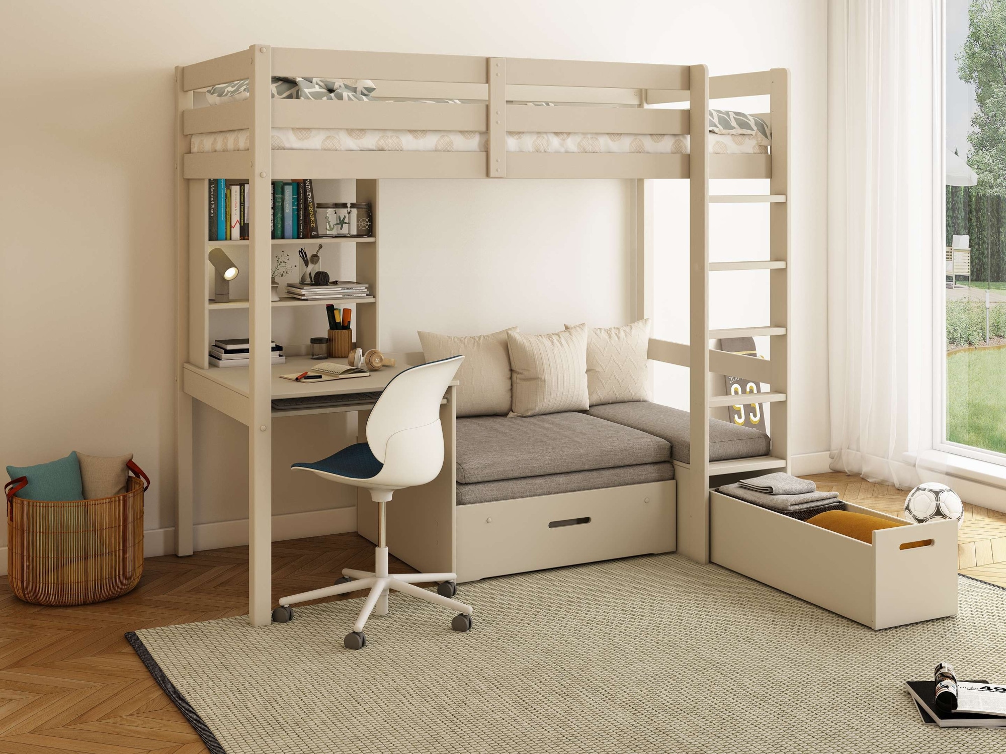 GOODproduct Etagenbett »HENNE' TOPSELLER! Hochbett, Ideal für kleine Räume, 2 Schlafplätze« zweiter Schlafplatz ausziehbar, B/H/T ca. 208/180/105cm,  mit Polsterauflagen, Schreibtisch, Stauraum, seitenverkehrt montierbar