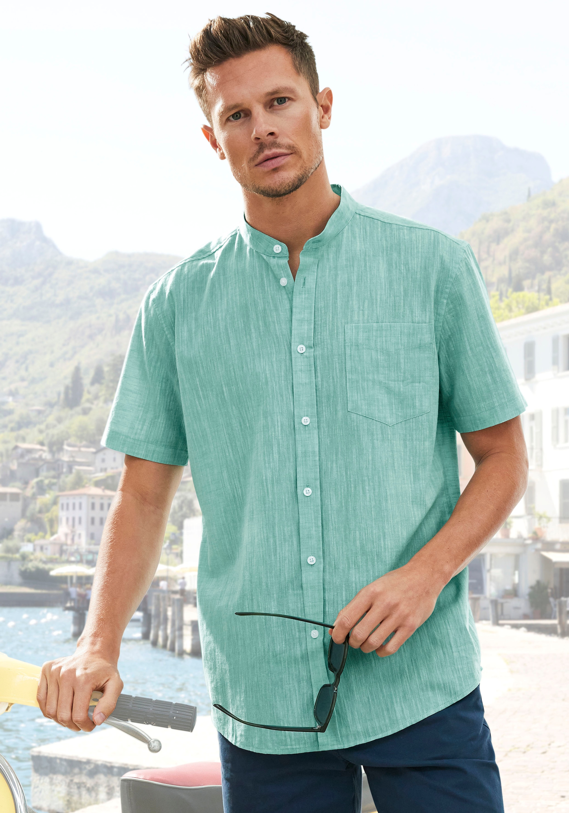 Image of H.I.S Kurzarmhemd "- Freizeithemd mit Strukturoptik, bis Grösse 5XL" Regular Fit, Stehkragenhemd mit Brusttasche, reine Baumwolle