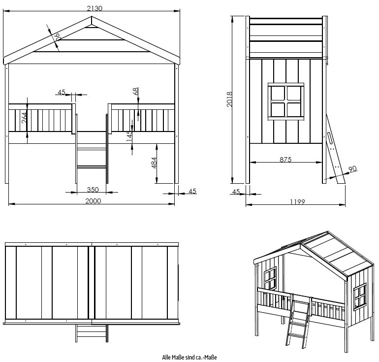 Vipack Hausbett »Kiefer massiv weiss lackiert, Made in Europe, stabil gebaut« B/H/T ca. 213x201,8cm, wahlweise mit und ohne Rutsche,  mit Leiter, seitliche Fenster, Rolllattenrost und Absturzschutz