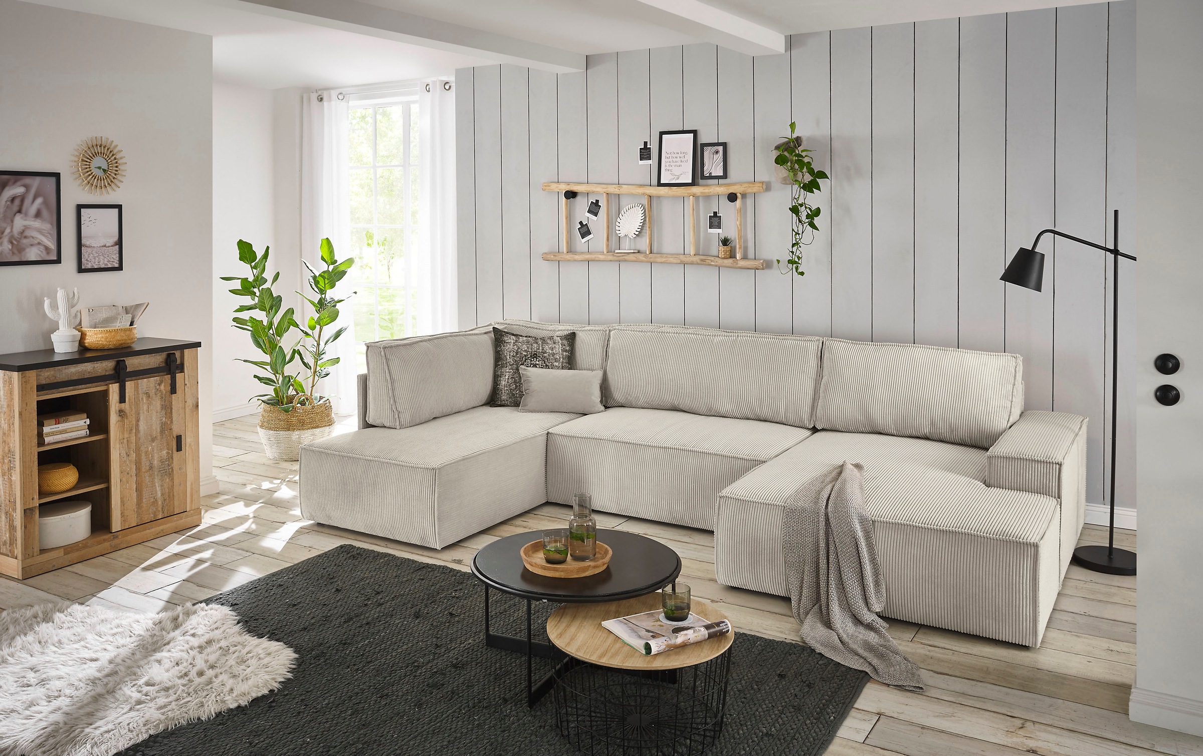 Home affaire Wohnlandschaft »SHERWOOD 329 cm, U-Form, Schlafsofa,«, Schlaffunktion m. Bettkasten (194x139 cm), Cord, Vintage, Samtvelours