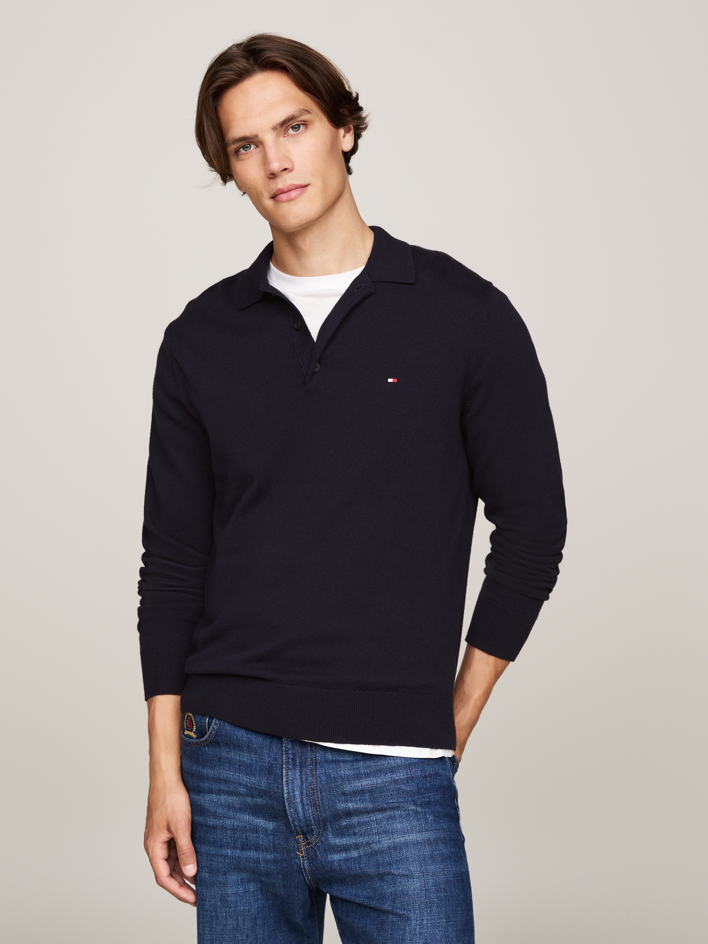 Polokragenpullover »PIMA ORG CTN CASHMERE LS POLO«, Flag-Stickerei auf Brust