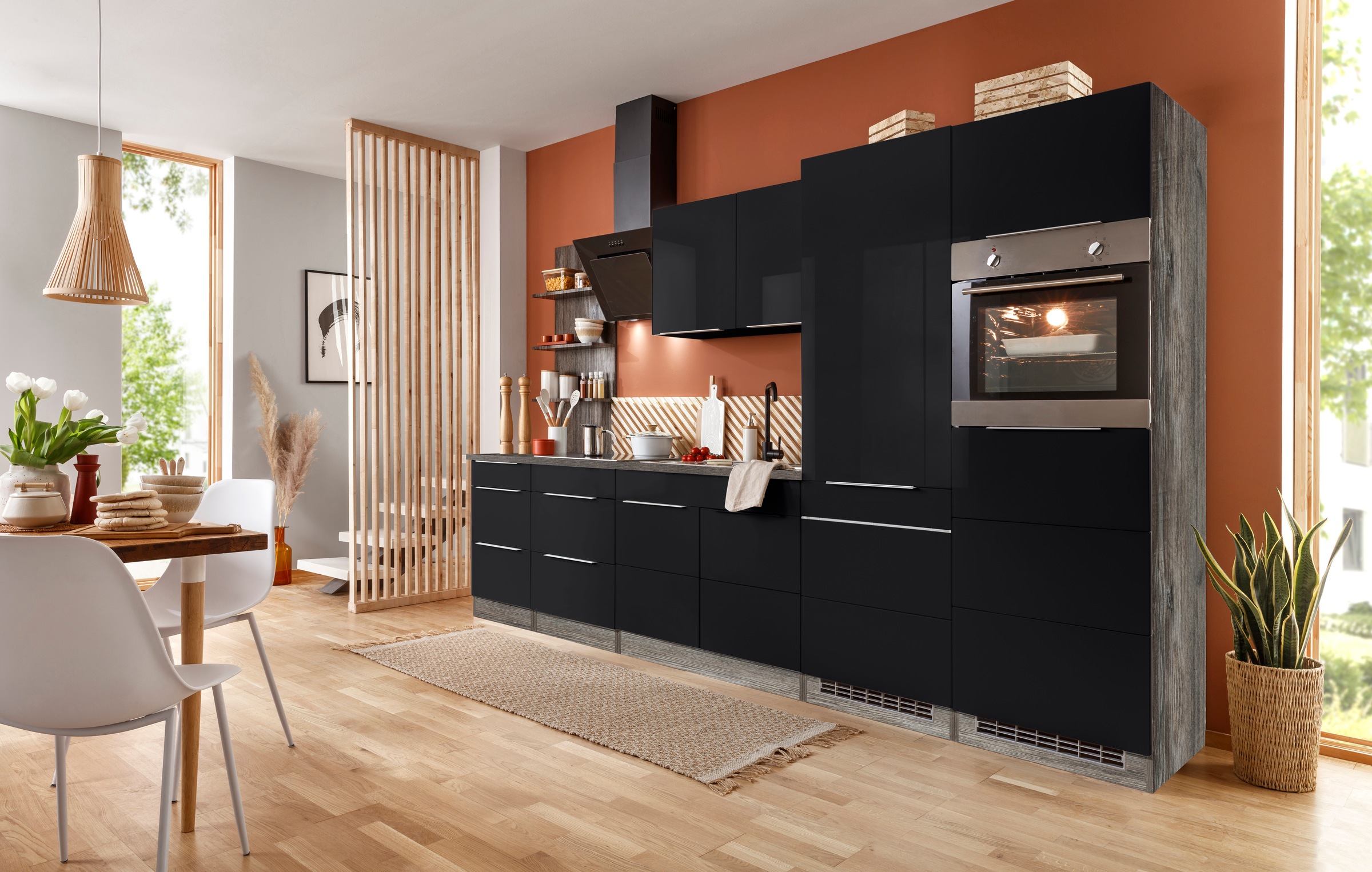 KOCHSTATION Küchenzeile "KS-Brindisi Breite 330 cm" wahlweise mit E-Geräten und Induktion, mit MDF-Fronten und Regal