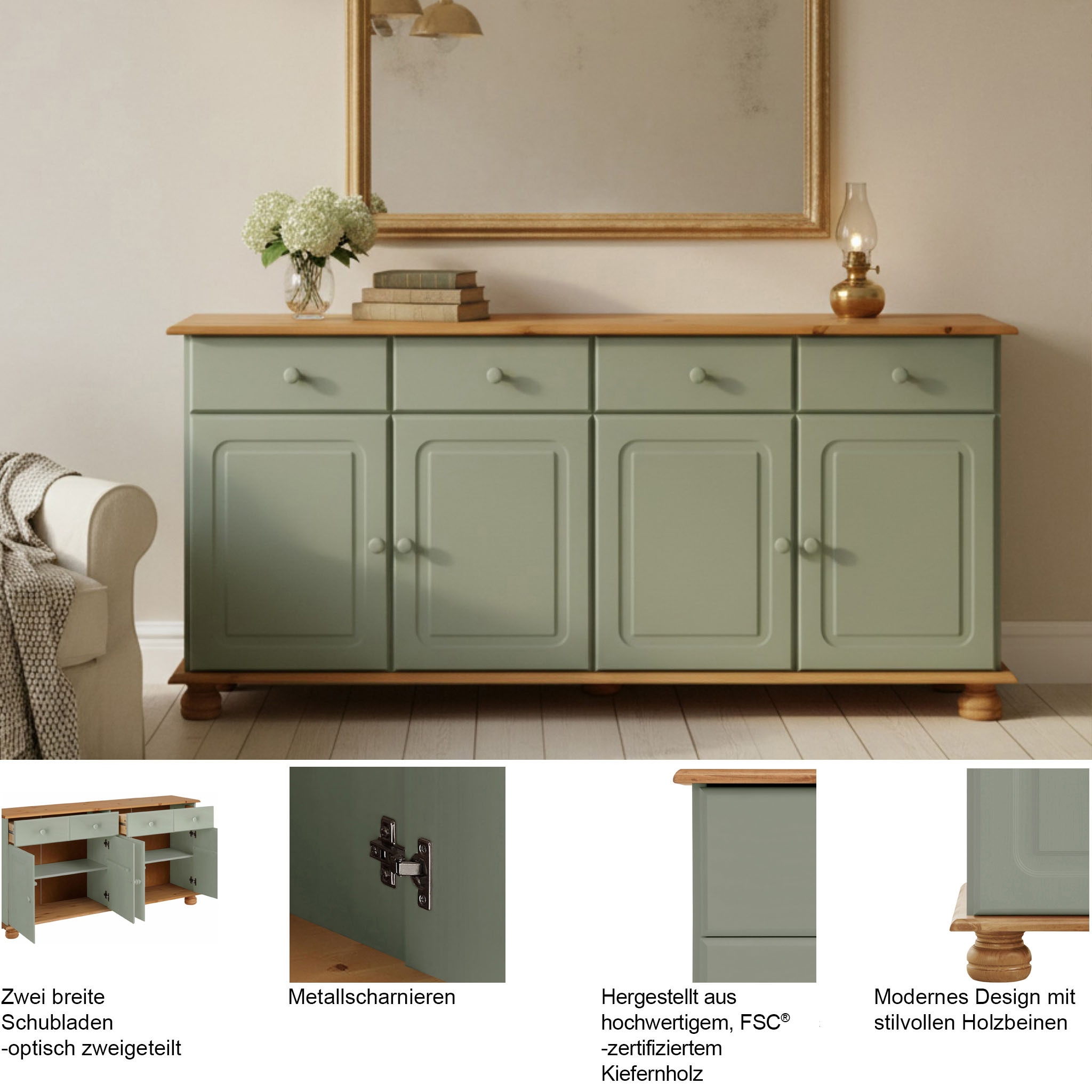 GOODproduct Sideboard »Mette Kommode mit 4 Türen & 2 Schubladen, die optisch geteilt sind« Kommode aus massivem Kiefernholz, Breite 156 cm