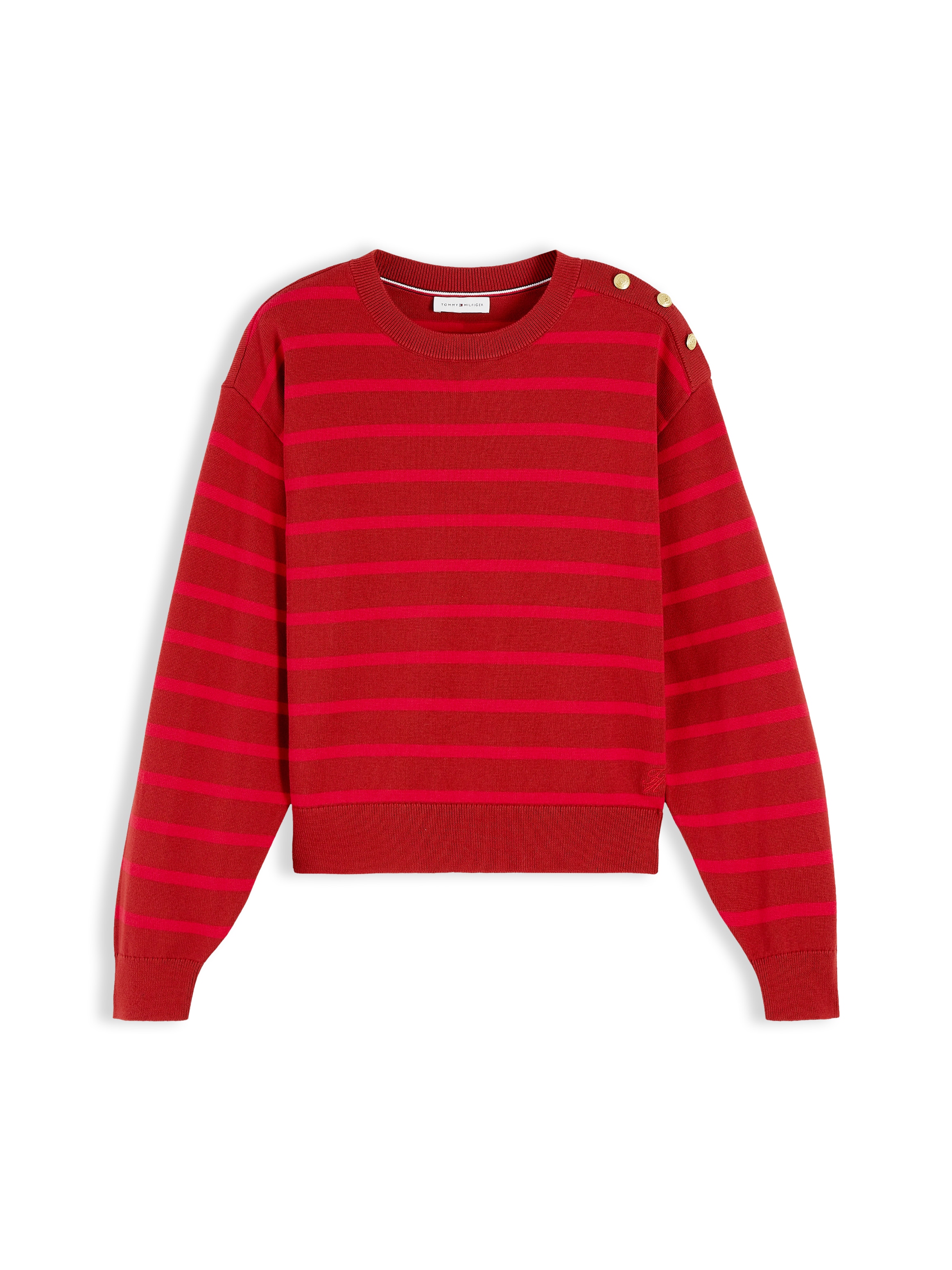 Tommy Hilfiger Strickpullover »STRIPED SCRIPT LOGO SWEATER LS« Baumwolle, goldfarbene Zierknöpfe
