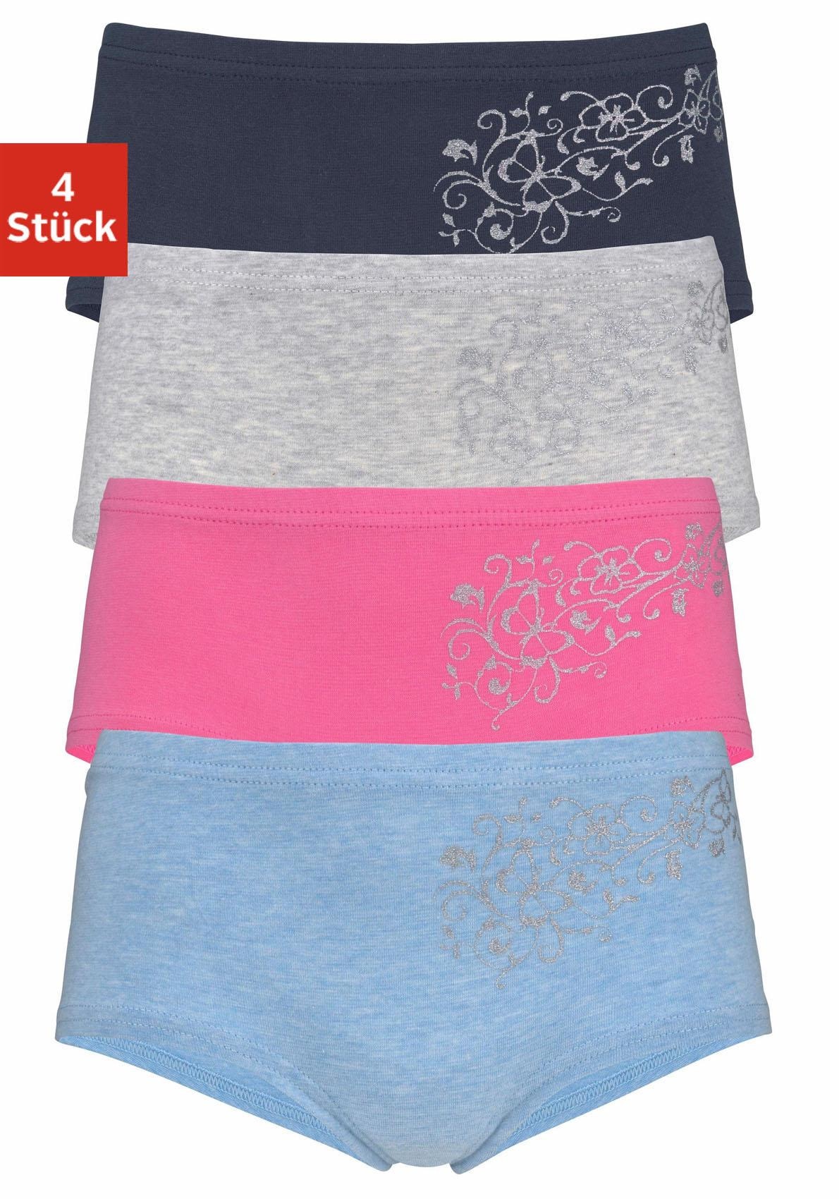 Image of petite fleur by Lascana Panty Packung, 4 Stk. unifarben mit floralem Glitzerdruck, Baumwollmischung